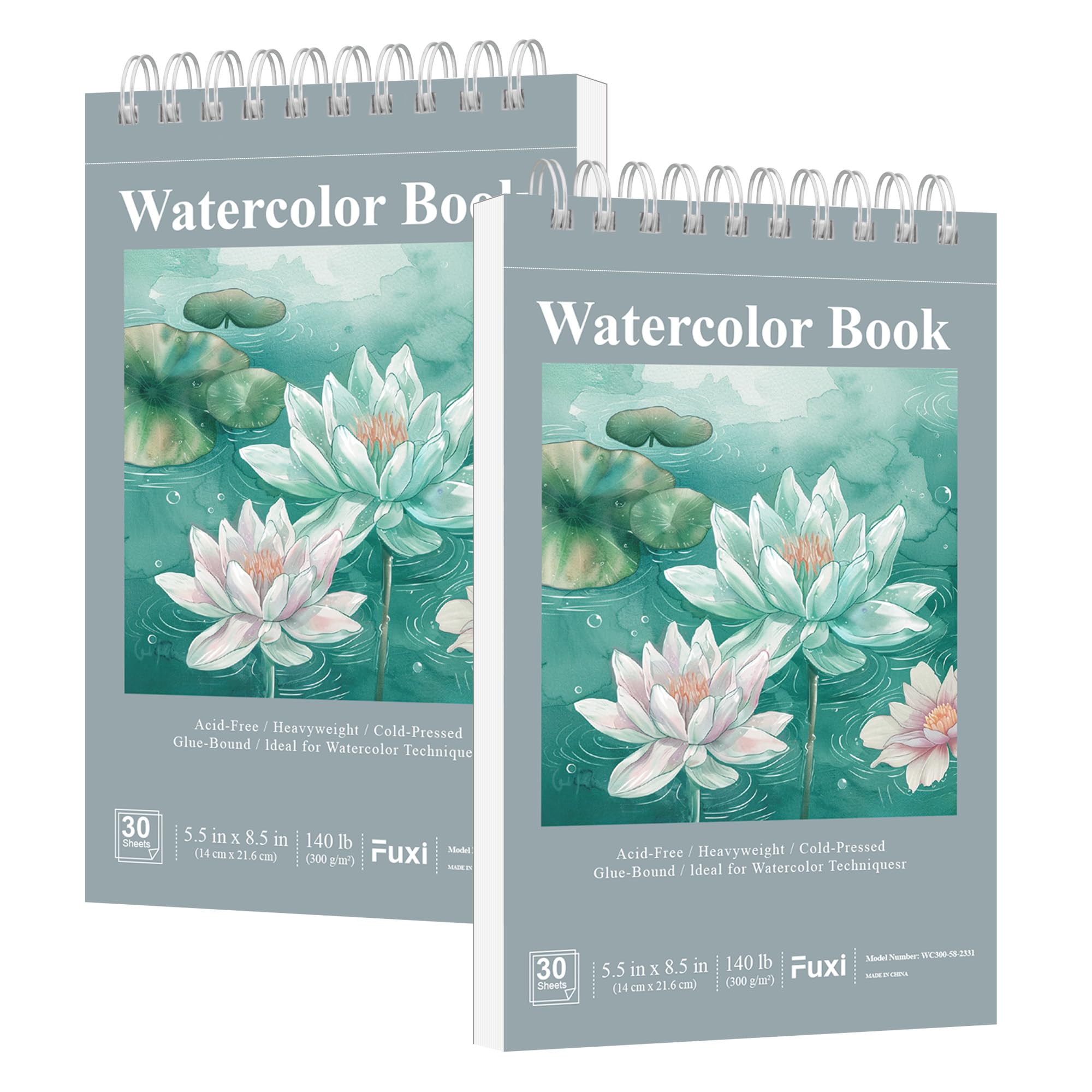 Small Watercolor Sketchbook, 2-Pack - 5.5" x 8.5" | 140lb/300gsm Cold Press Watercolor Paper, 30 Sheets Per Pad.