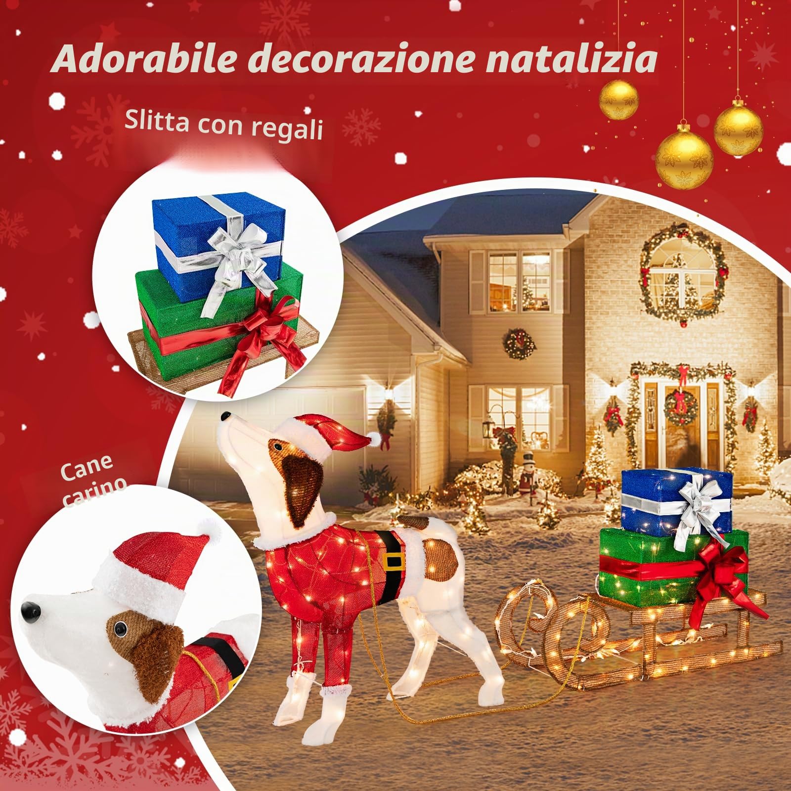 SOARS Decorazione Natalizio cane con slitta, statuetta con cappelli di Babbo Natale e costumi, illuminazione con 170 luci LED calde