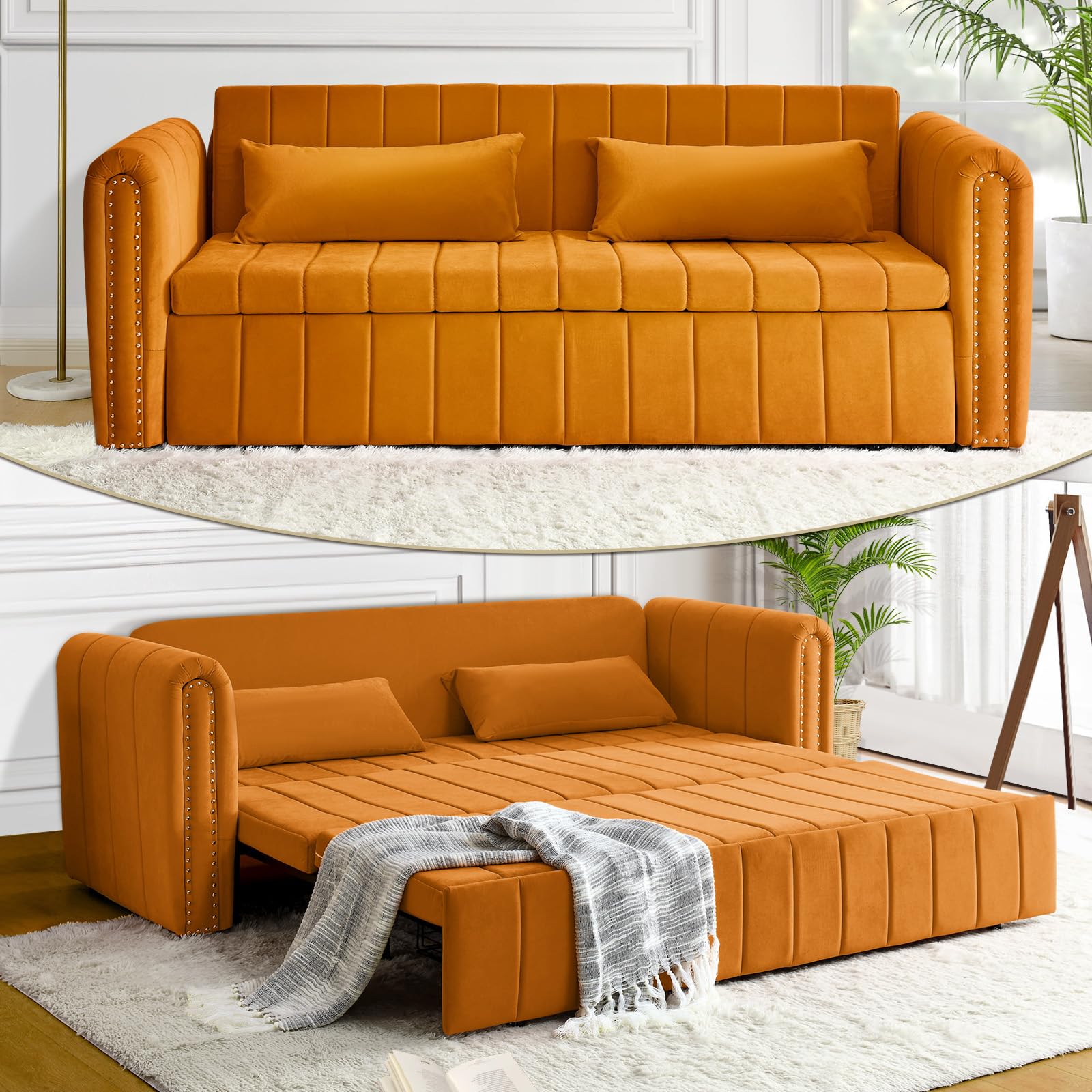 Antetek Oversized Sleeper Sofa w/Pullout Bed, 82-inch Modern Velvet Fabric Deep 3-Seat Couch with Metal Frame, 2 Toss Pillows, Comfy Upholstered Furniture for Living Room, Orange