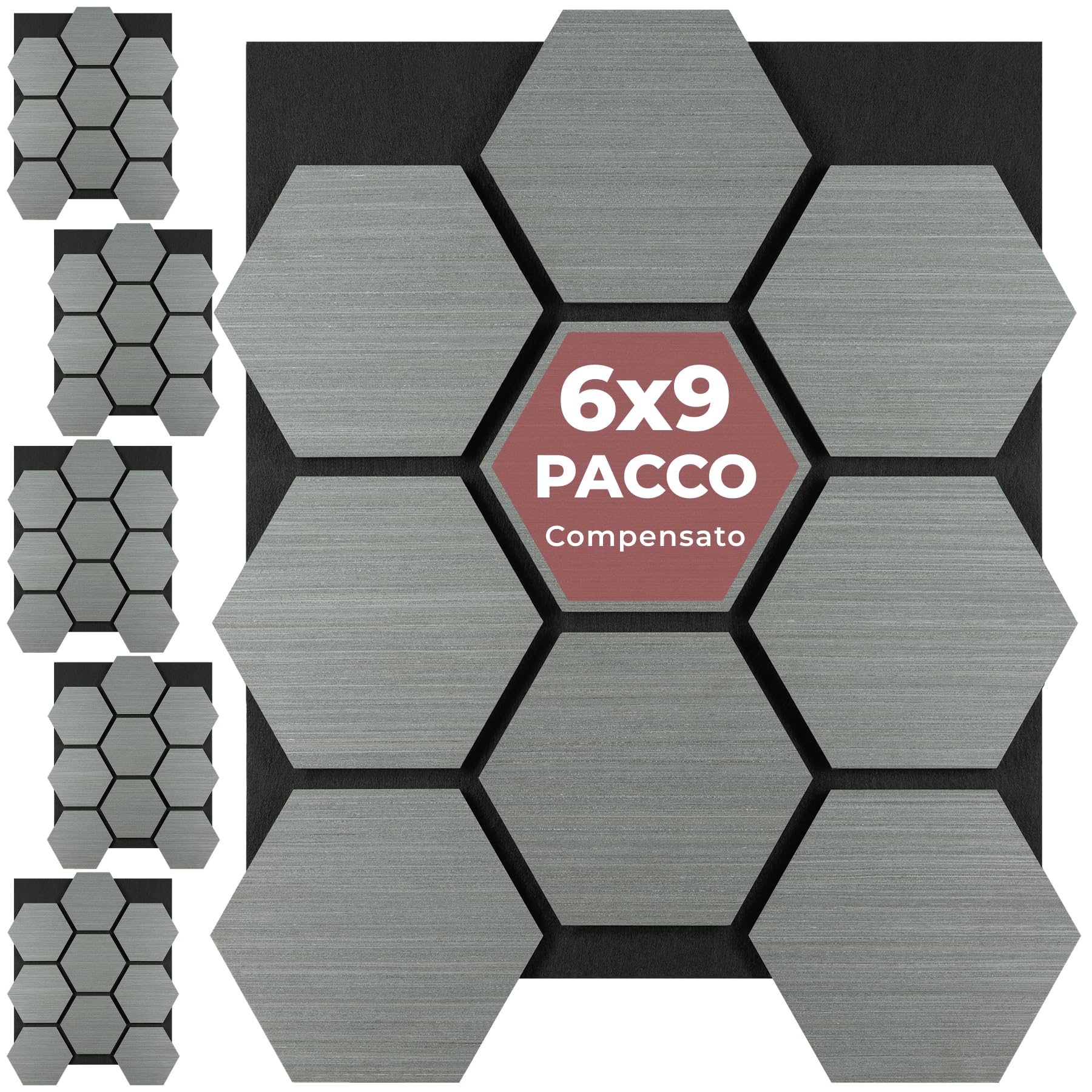 tectake® Set da 6 Pannelli Fonoassorbenti legno, 76 x 62 cm, Pannelli Decorativi per Pareti, Effetto Legno, MDF e Feltro, Assorbimento Acustico, Design Esagonale, Monta Facile - Rovere Grigio Chiaro