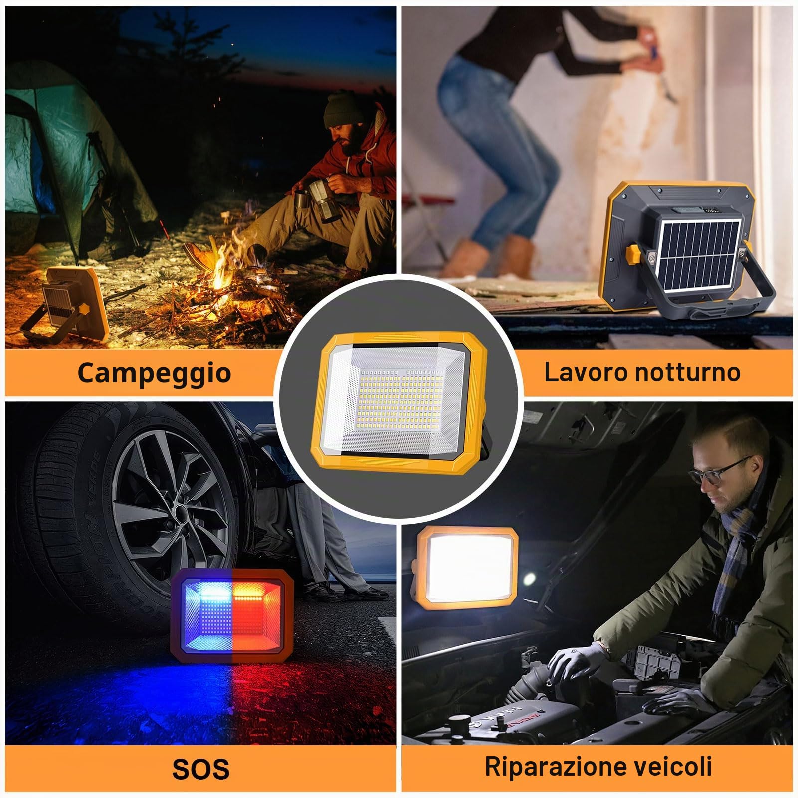 Faro LED Ricaricabile Solare, 10000LM, 7800mAh, 4 Modalità di Luce | 60W, Uscita USB, Base Magnetica, Luce Rossa e Blu, IP54, Leggero & Portatile per Campeggio, Pesca, Emergenze, e Garage