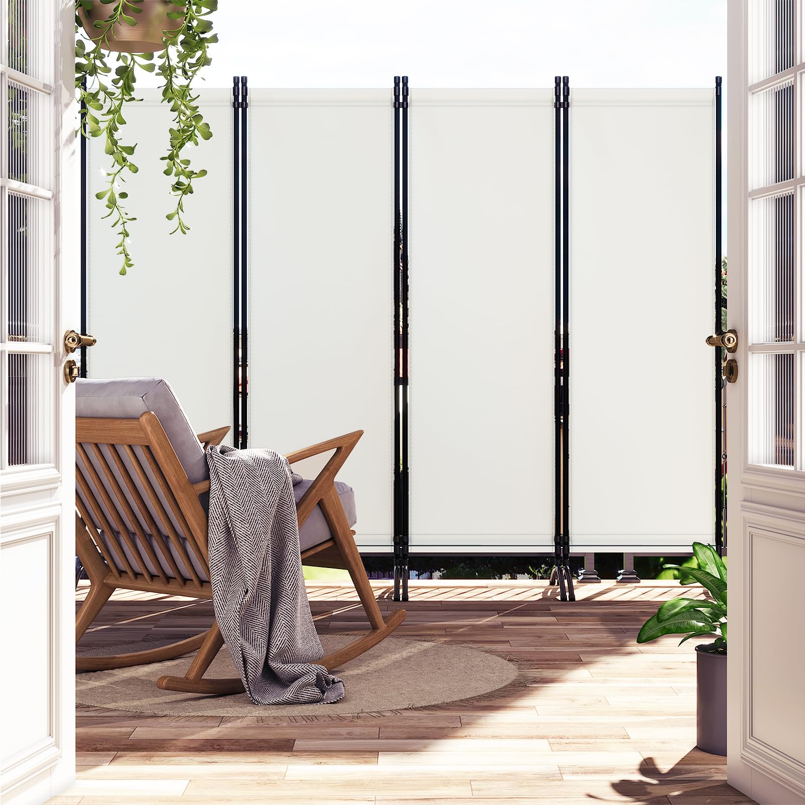WOLTU Paravento 4 Pannelli 224x182 cm Crema, Divisorio per Camera da Letto, Parete Divisoria Pieghevole, Paravento per Interni ed Esterni, Ideale per Soggiorno, Balcone e Giardino