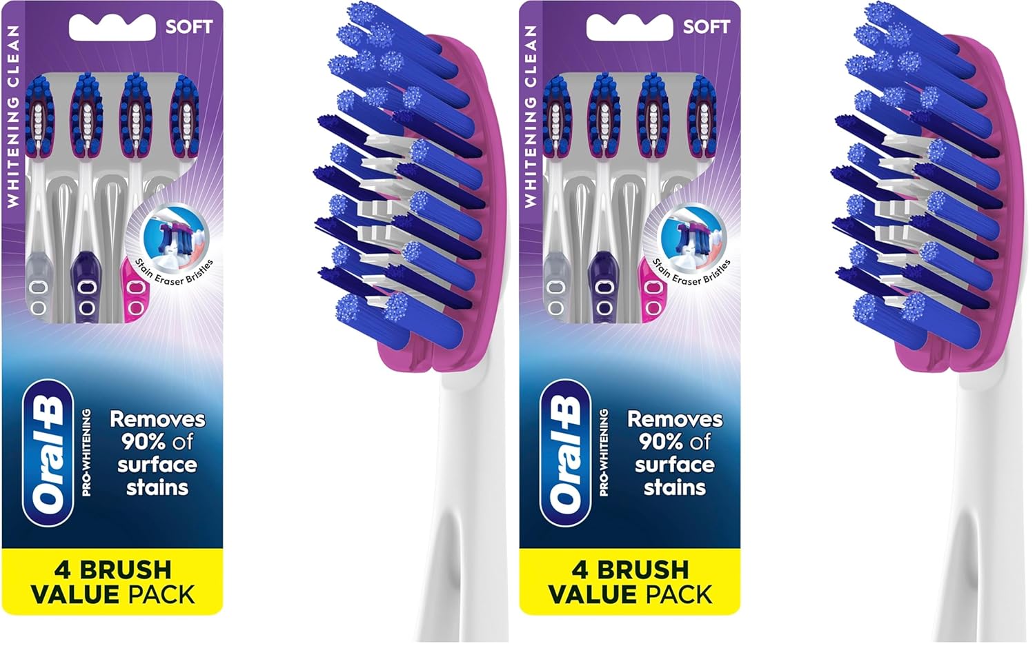 Oral-B 3D White Deep Stain Remover toothbrushes,Toothbrush Soft,Removes 90% of Surface Stains,whitens Teeth,deep Reach,removes Plaque and Stains Tooth Brush,4 Count (Pack of 2)