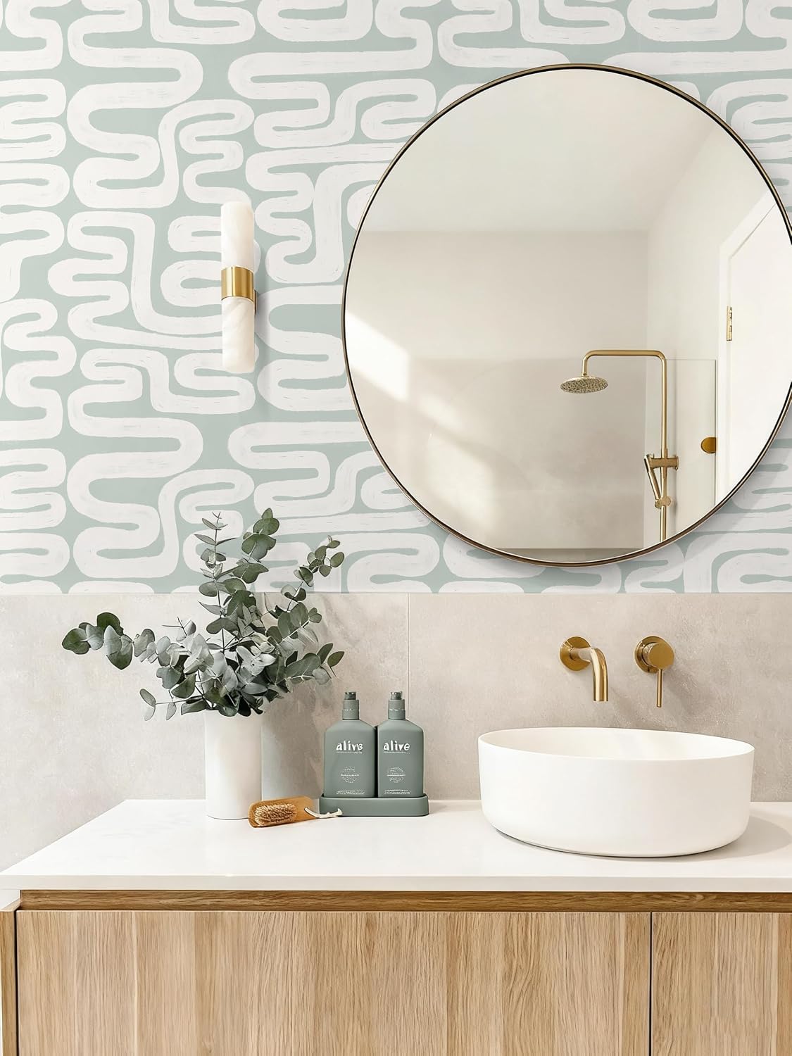 Peel and Stick Wallpaper Green and White Wallpaper Modern Geometric Contact Paper Self-Adhesive Removable Wall Paper Waterproof for Bathroom Bedroom Cabinet Decor Vinyl 17.3" x 78.7"