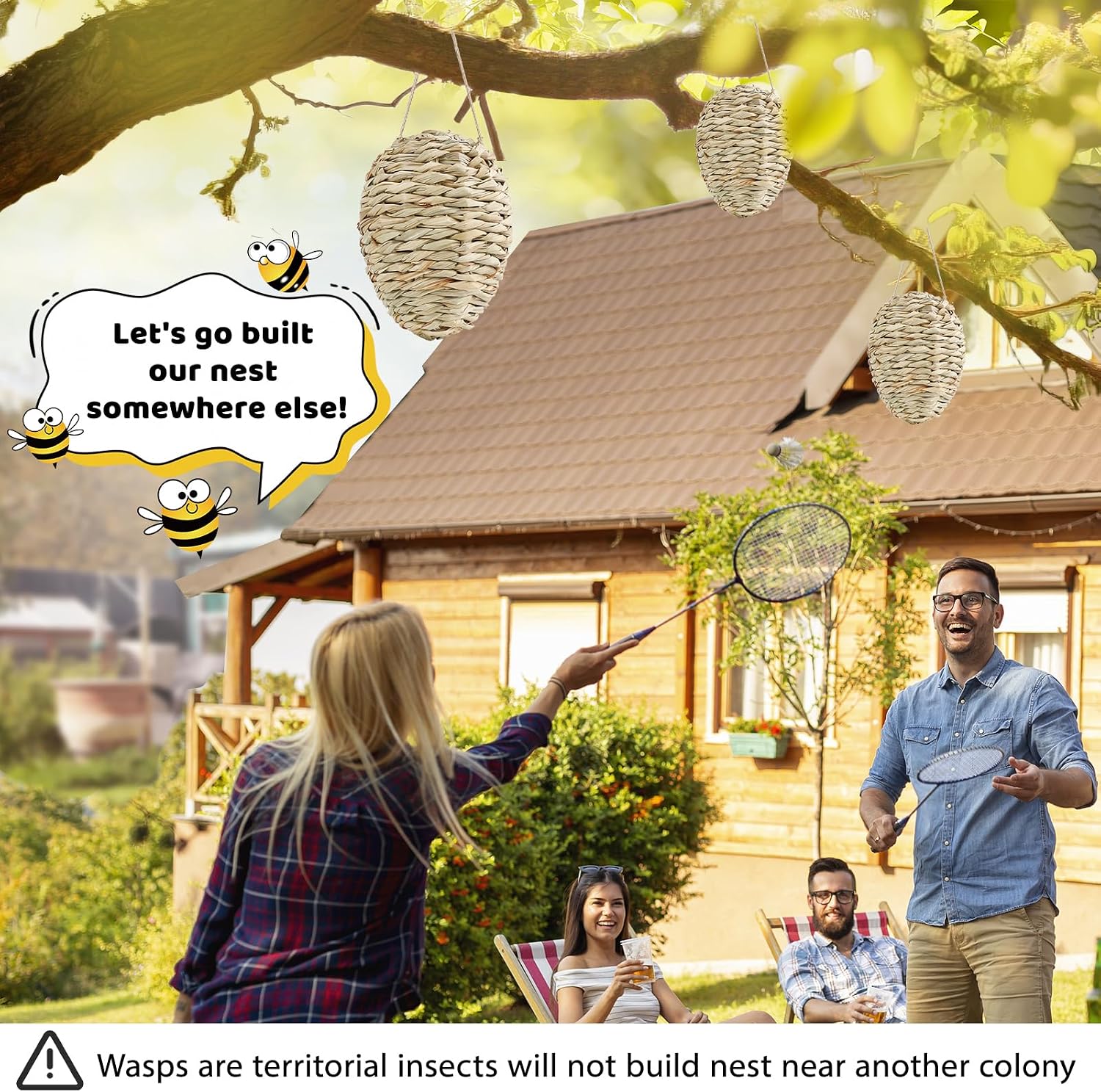 4 Pack Fake Wasp Nest Decoy, Woven Reed Wasp Hornet Decoys, Waterproof Faux Hornets Nest, Outdoor Hanging Decoration for Patio, Garden, Eaves