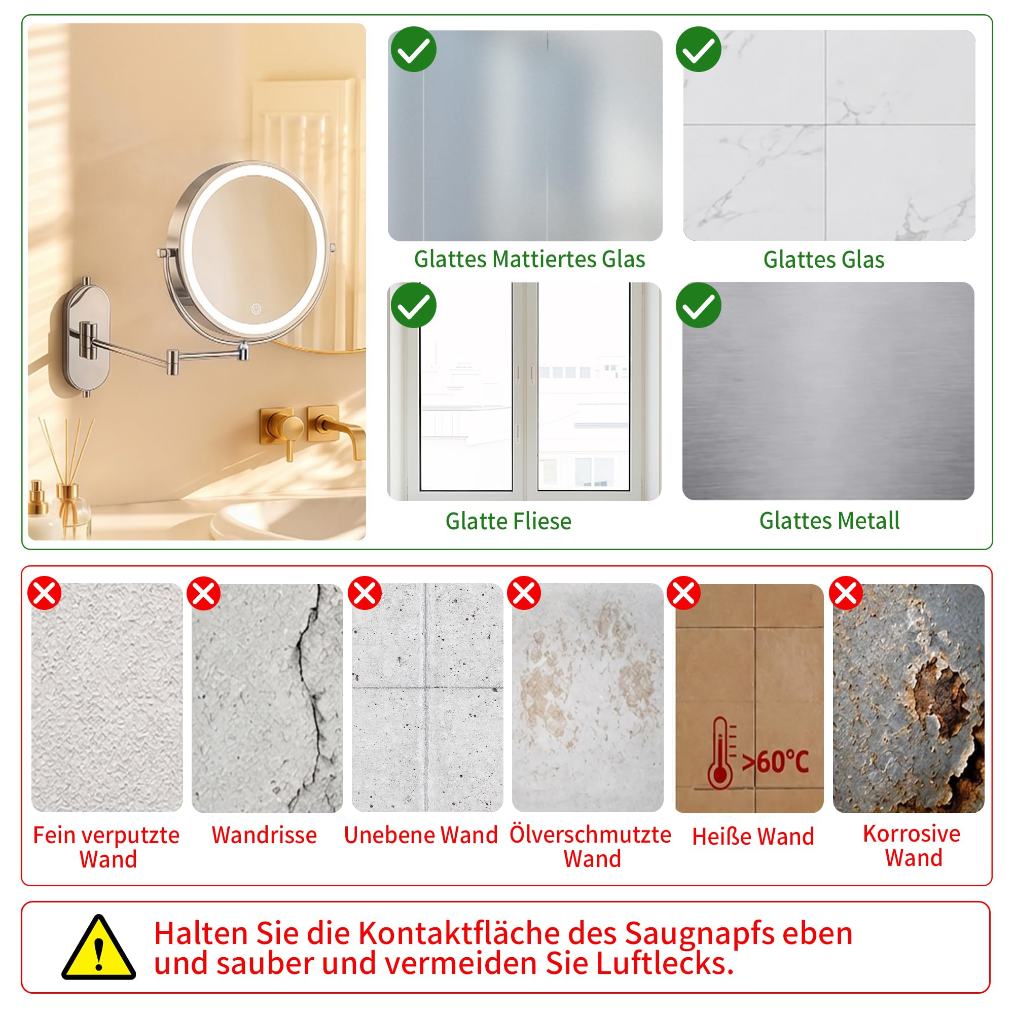 Kosmetikspiegel 30 Fach Vergrößerungsspiegel mit Saugnapf und Beleuchtung