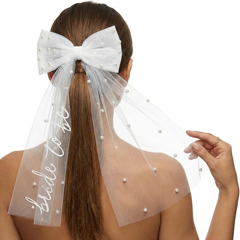 Bride to Be Embroidered Veil Elegant Bachelorette Veils with Pearls | White Bow Wedding Veil for Bridal Shower, Wedding Morning, Engagement Photo Accessory