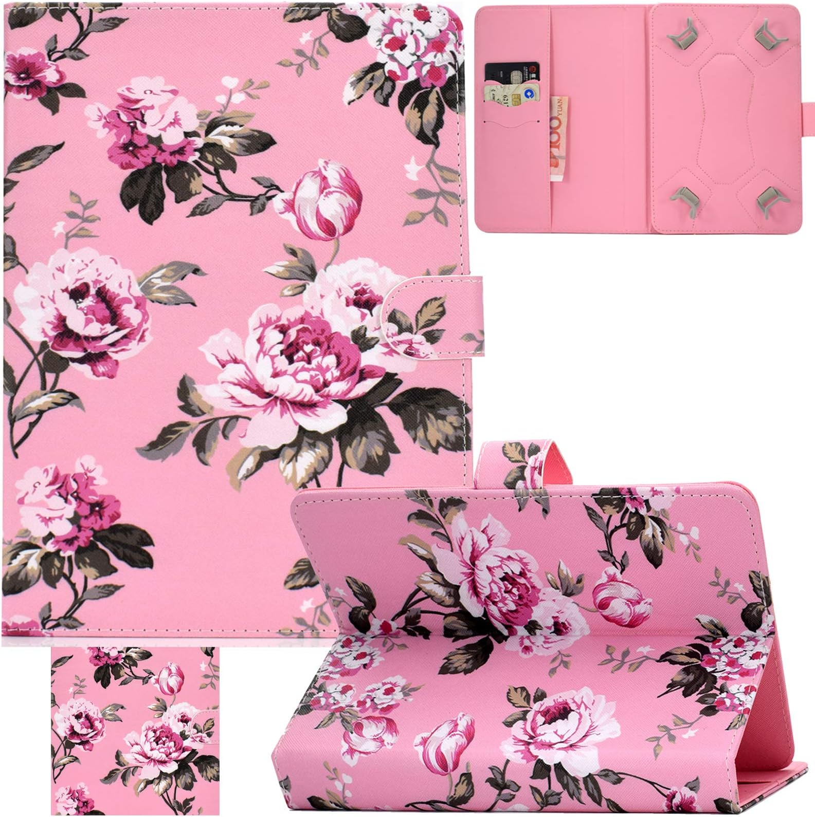 Universal 7.0 inch Tablet Case, Artyond PU Leather Folio Stand Card Slots Cover for Samsung Galaxy Tab E 7.0/ Tab A 7.0/ Fire 7.0 2015 2017/HDX 7 /Oasis 7 and More 7.0-7.5 inch Tablet (Pink Flower)