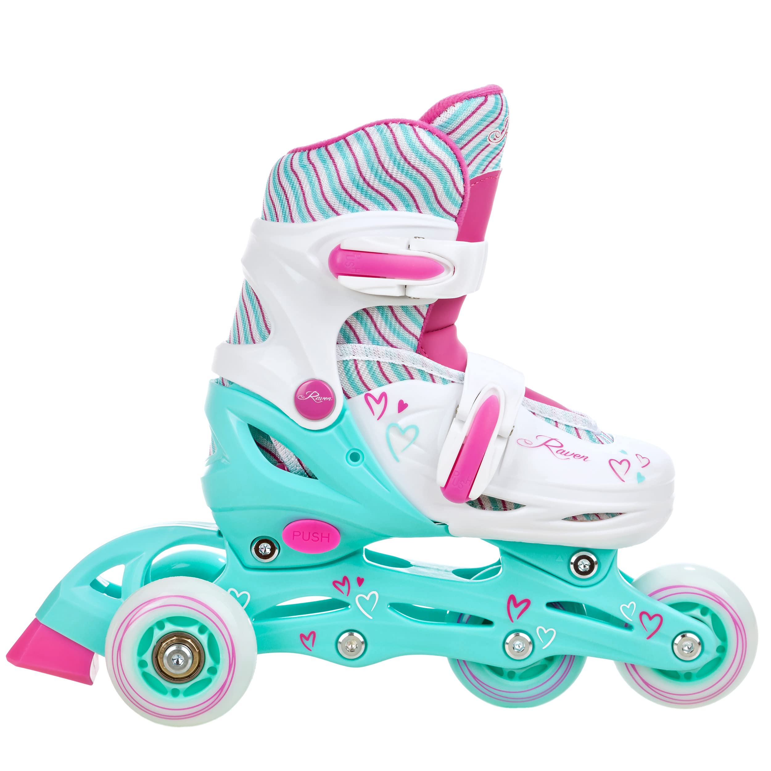 Raven - Roller en Ligne Loret Roues LED du 27 au 30 + Patin à Roulette + Patin à Glace + triskate Enfant Mixte Taille Ajustable Menthe/Rose Raven
