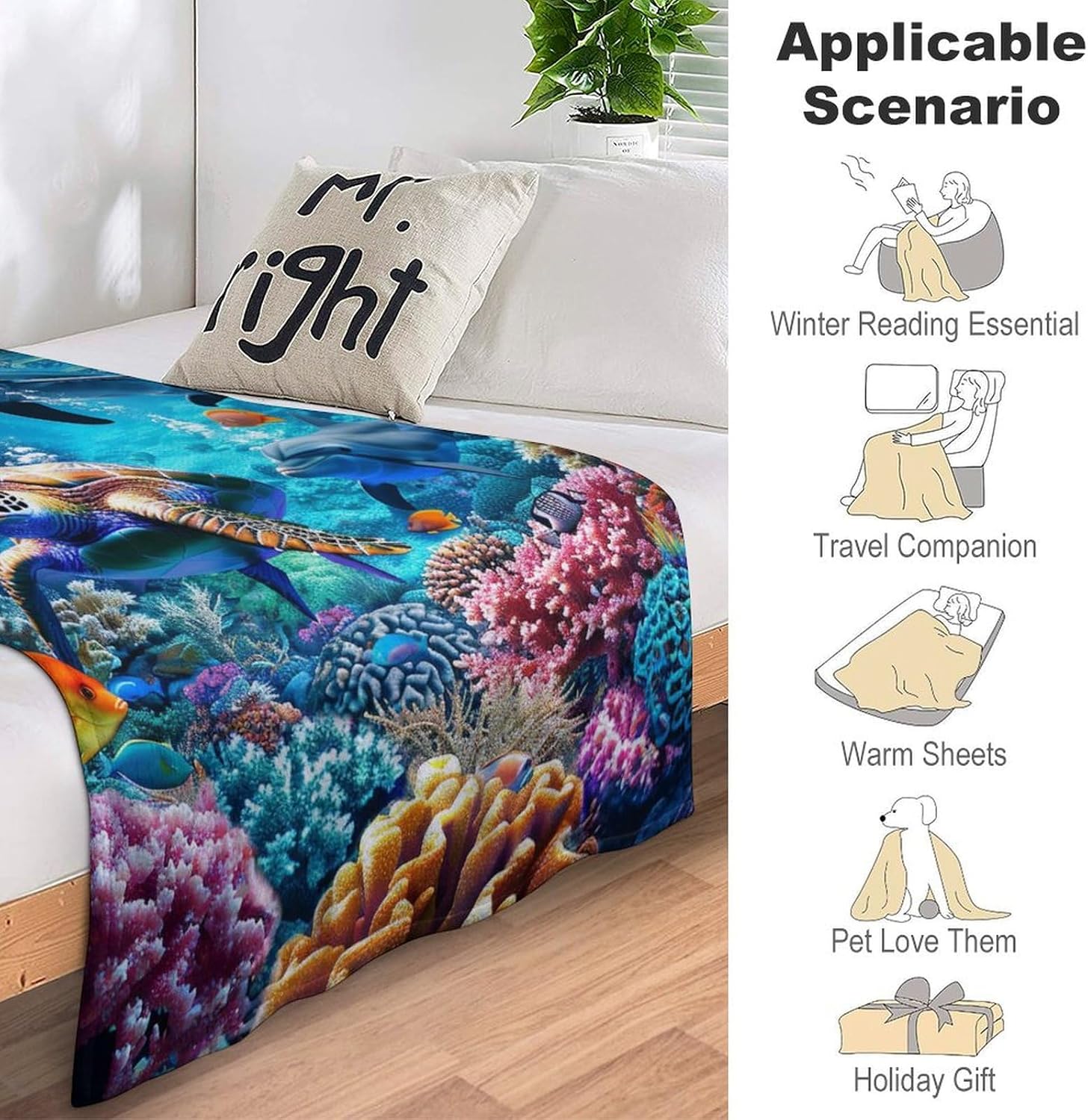 Ocean Sea Turtle Dolphin Throw Blanket Fish Animal Blue Print Blankets Gifts for Couch Sofa Bed Stuff Decor Soft Cozy Fleece Plush Flannel Bedding for Lover Men Women Boys Girls Adults 50"x60"