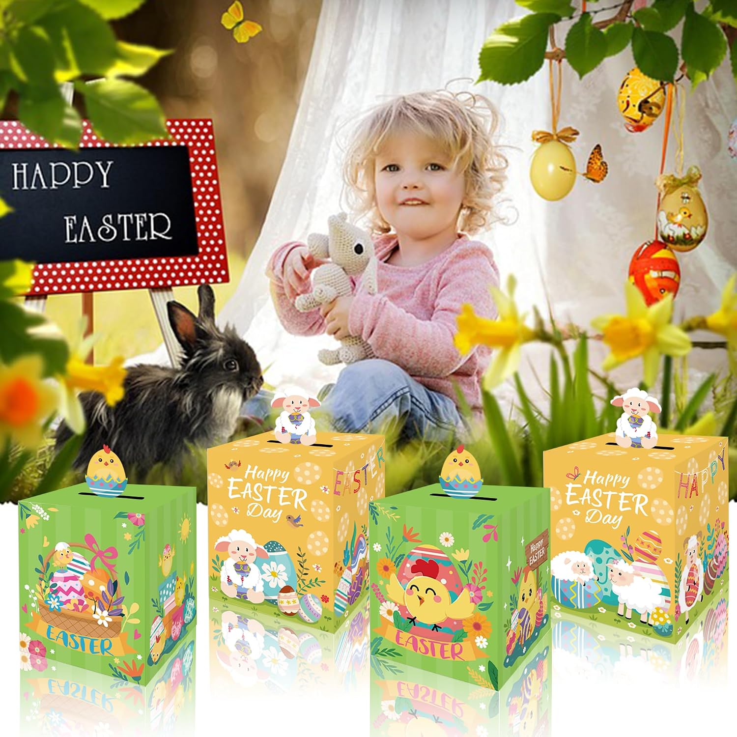 12 Pcs 4 Style Bunny Eggs Treat Boxes with Handles, Easter Gift Boxes with Bunny Chick Egg Patterns, Happy Day Themed Cardboard Treat Boxes for Party Favors image 2