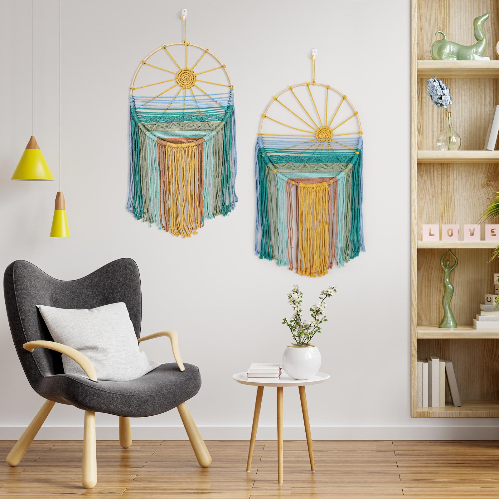 Lucxhcky Boho Makramee Wandbehang 2er Set - Sonnenaufgang & Sonnenuntergang Gewebter Wandteppich für Schlafzimmer, Wohnzimmer, Kinderzimmer, Böhmische Wanddekoration, ästhetische Wandkunst (Sonne)