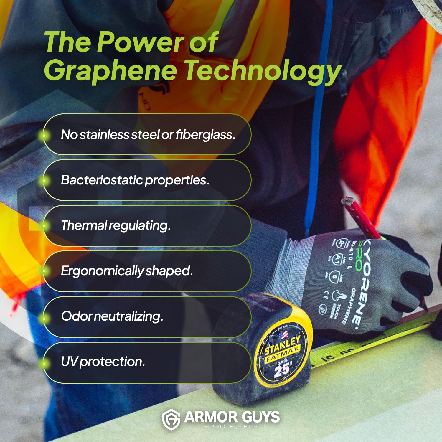 Armor Guys Kyorene Pro 00-810 - Guantes de trabajo de grafeno, protectores resistentes a los cortes con revestimiento de palma de nitrilo de microespuma, talla XL, paquete de 3