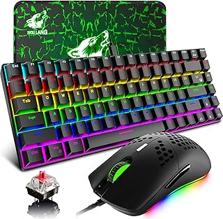 AJAZZ Mechanical Gaming Keyboard & Mouse, type-C Cable 84-Key Compact Red Switch Keyboard + RGB 12000DPI Ultra-light Programmable Honeycomb Shell Gaming Mouse, for PS4, PS5, Xbox, PC, MAC (Black)