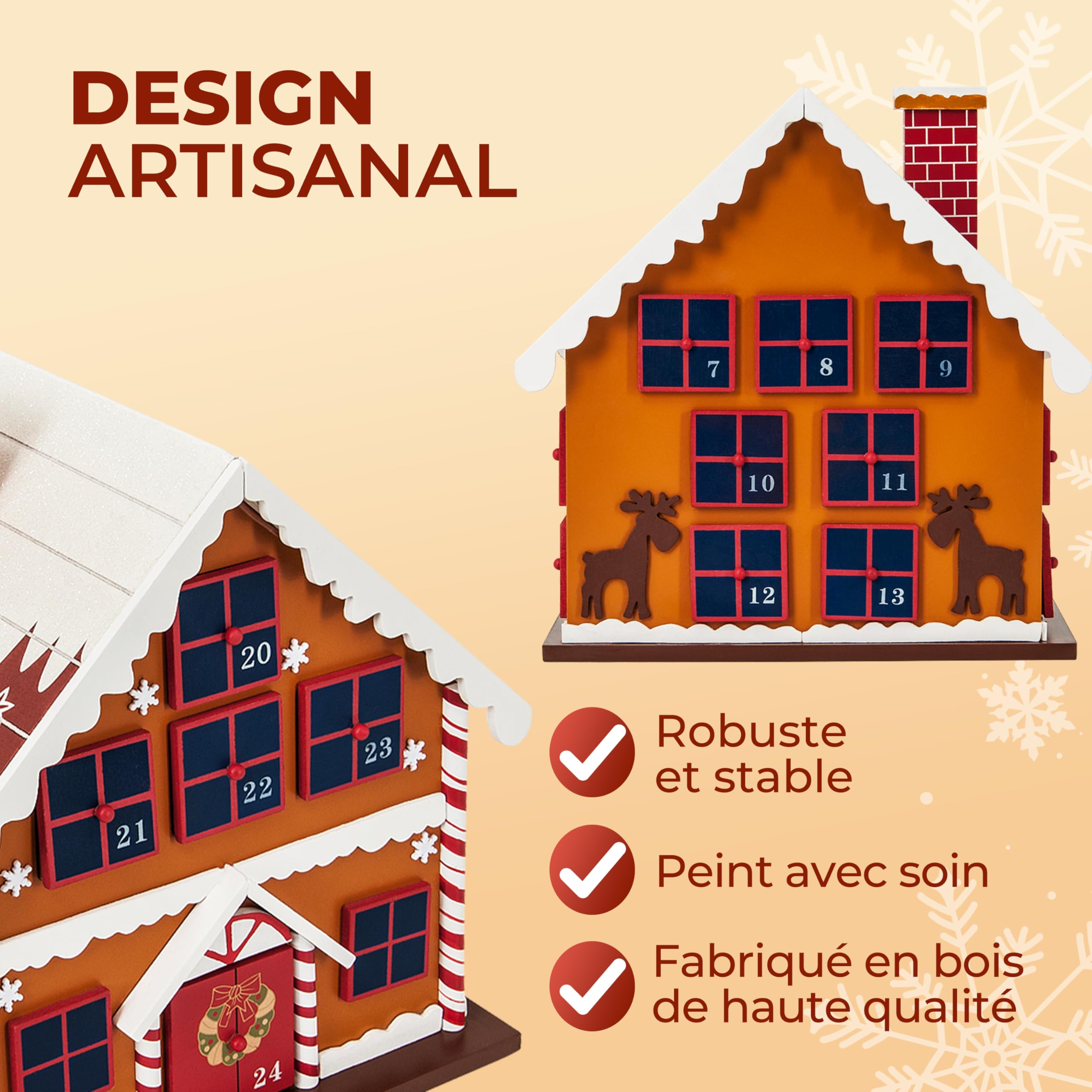 Spielwerk Calendrier de l'Avent en Bois Réutilisable 24 Tiroirs Maison en Pain d'épices