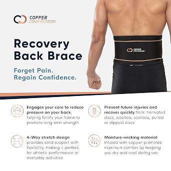 Copper Compression Back Brace. Copper Infused Lumbar Support for Lower Back Relief, Sciatica, Herniated Disc, Scoliosis, Pain & Strains. Adjustable & Breathable. Fits Men & Women (Waist 28 - 34)