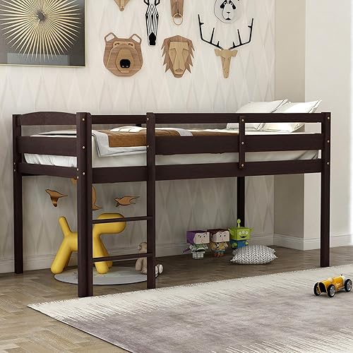 P PURLOVE Cama tipo loft individual, marco de cama baja de madera para niñas y niños, no necesita somier, color espresso