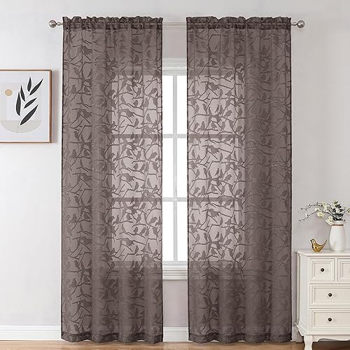 Vista 208 de OVZME - Anji Cortinas semitraslúcidas de gasa, ligeras, vaporosas, privacidad, textura, bolsillo barra doble, pájaros recortados, dormitorio, sala