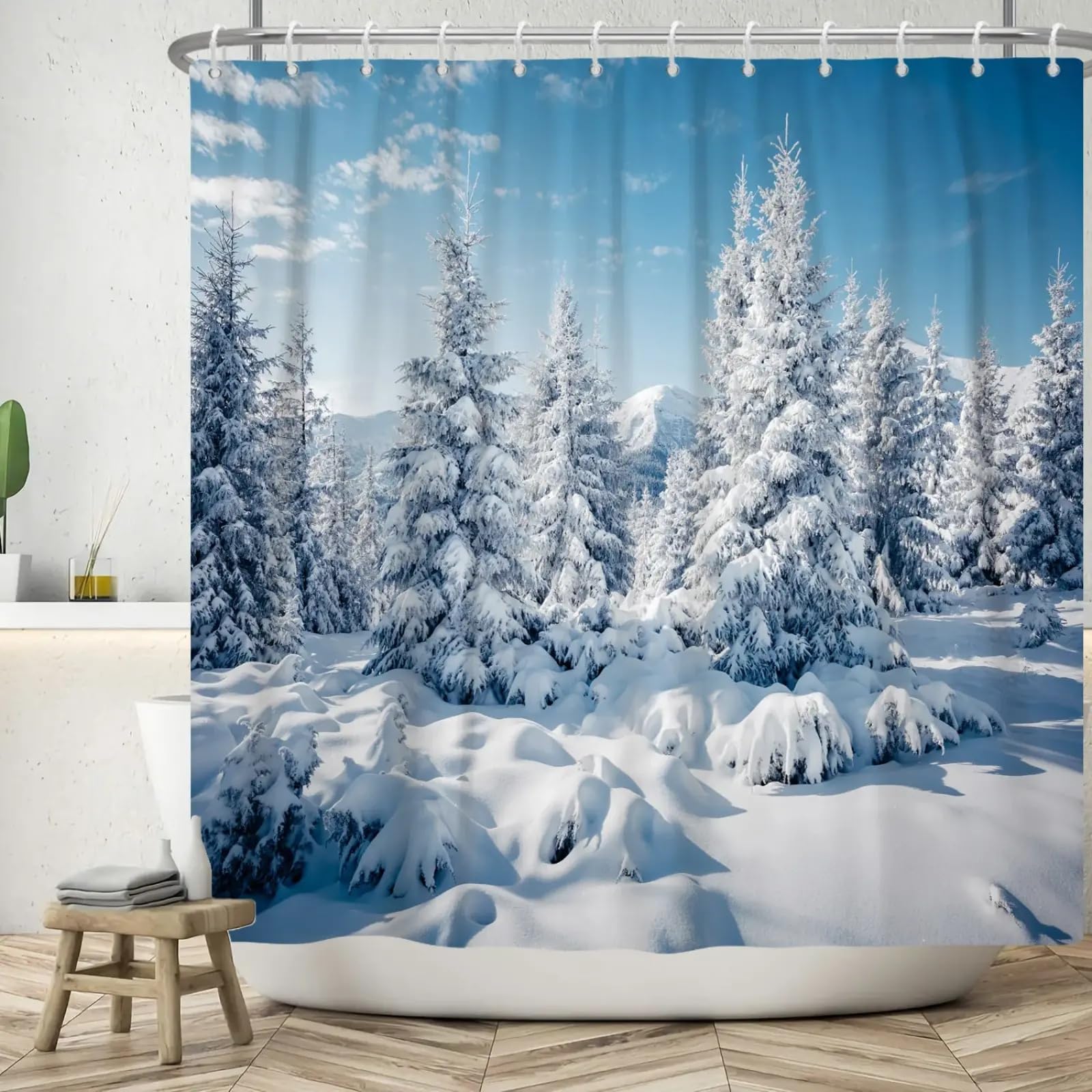 Rideau de douche anti-moisissure et imperméable avec motif de pins blancs et crochets inclus