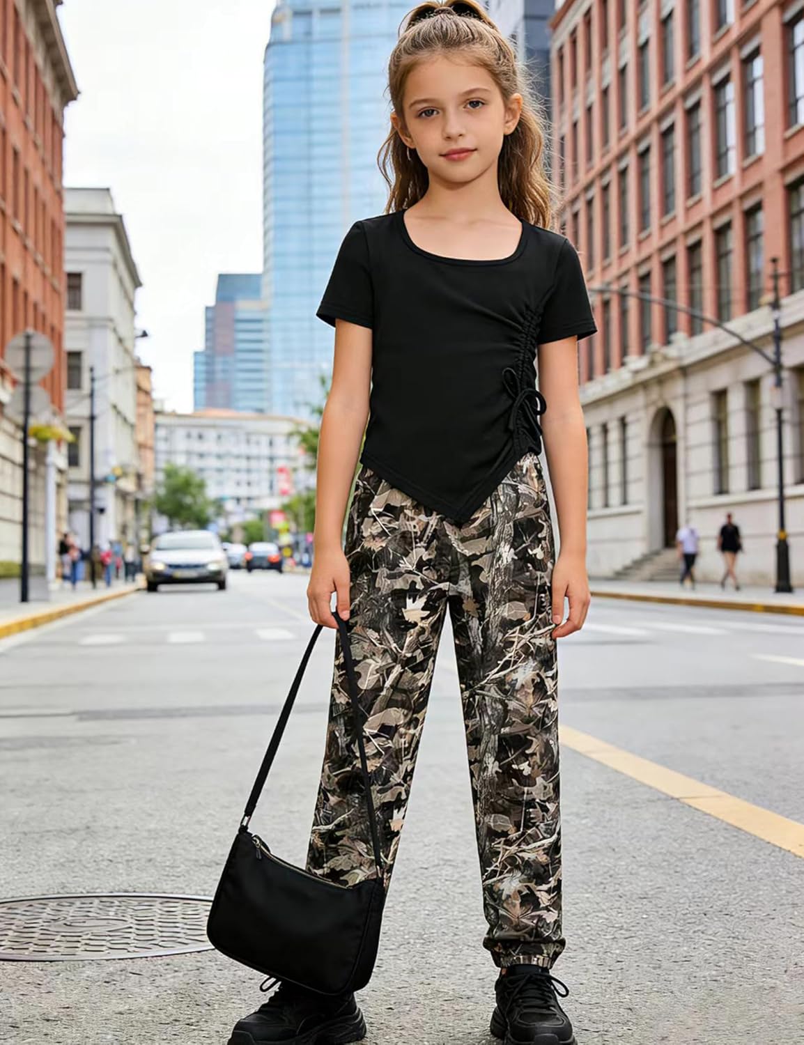 Girls Clothes Irregular Ruched Drawstring Short Sleeve Top and Girls Camouflage Pants 2Pcs Summer Girls Clothes - Image 3