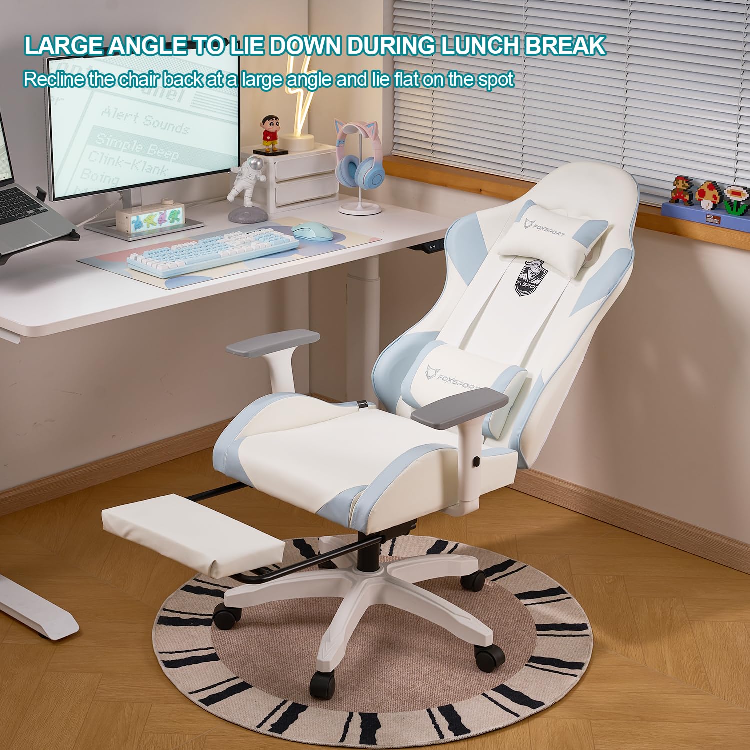 K IKIDO Silla de Gaming, ergonómica, Silla de Oficina Regulable en Altura, con reposapiés, inclinación de 155°, con reposacabezas y cojín Lumbar, para casa y Oficina (Azul)