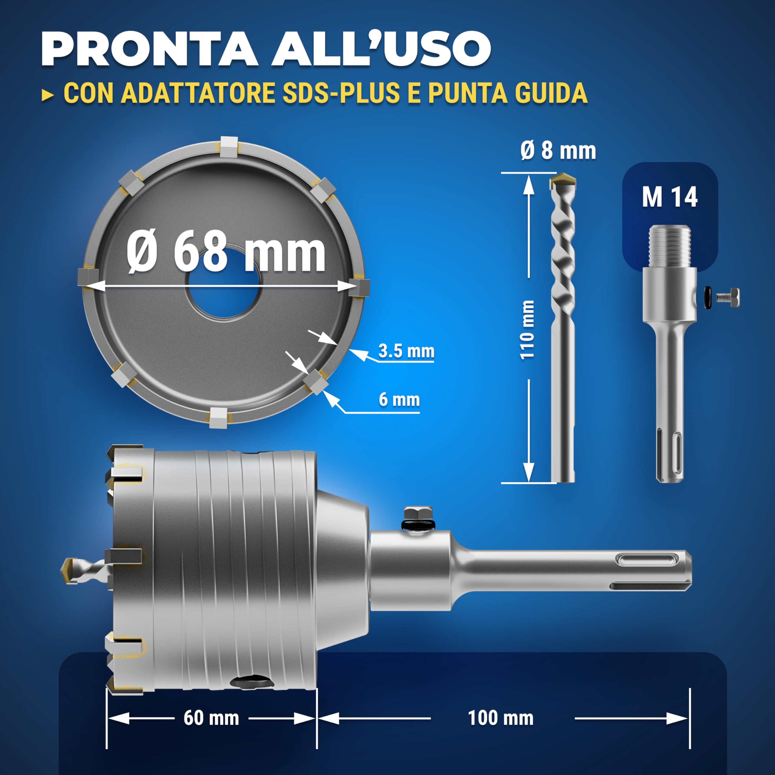 S&R Fresa a Tazza per Muro Cemento Ø 68mm Corona Diamantata Carotatrice a Secco + Adattatore SDS PLUS + Punta Centraggio 8x110 mm