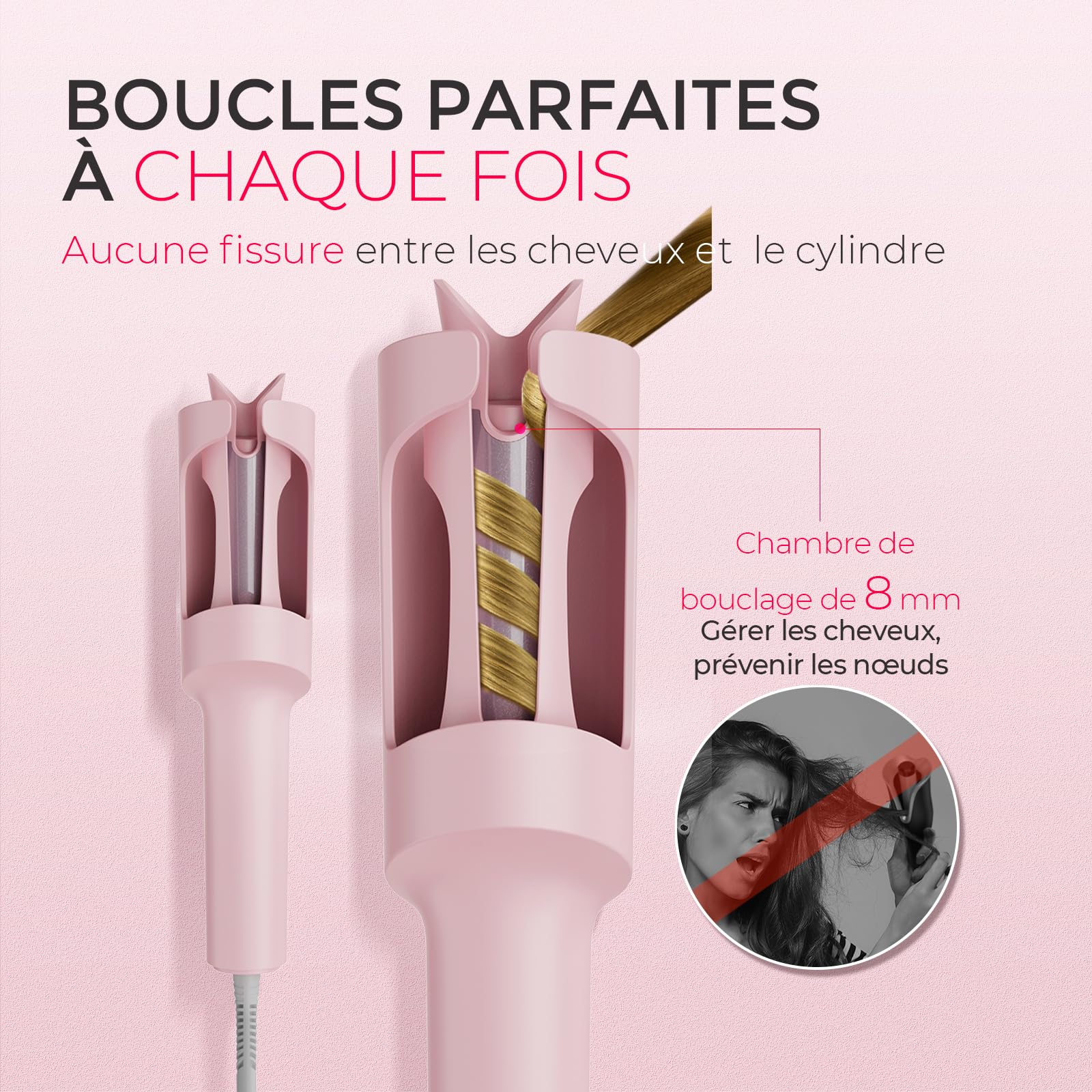 TYMO CURLPRO Automatique Boucleur à Cheveux Fer à Friser 25mm 3 Températures Réglables Anti-brûlure Céramique Rose