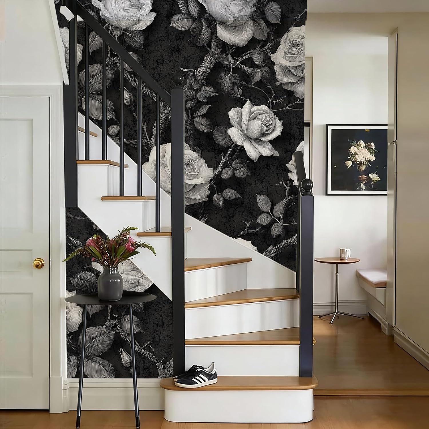 Vintage Black & White Rose Peel and Stick Floral Wallpaper Self Adhesive 17.72" X 236.2'' Art Flower Wall Paper Renter Friendly Removable Waterproof for Bedroom Living Room
