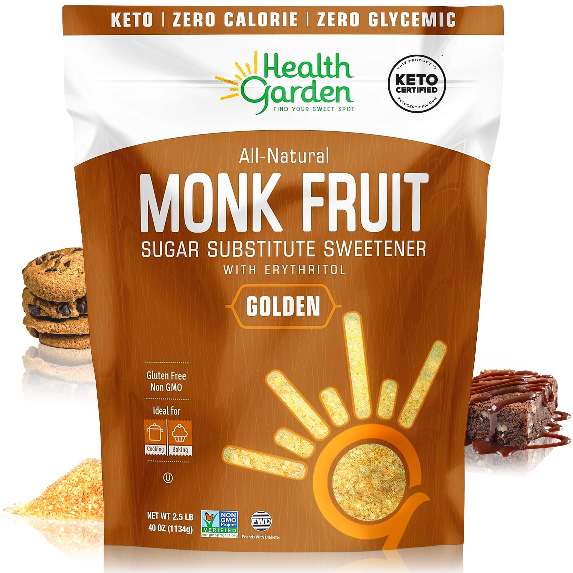 Health Garden Monk Fruit Sweetener, Golden, 2.5lbs Bag – 1:1 Monk Fruit Sugar Substitute with Erythritol – Zero Calorie Monkfruit Sweetener Pure – Ideal for Baking, Keto Friendly, Non-GMO, Kosher