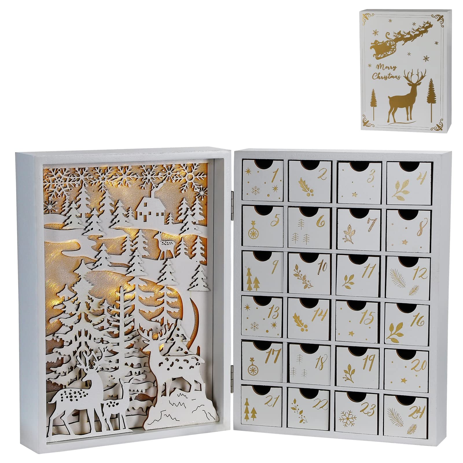 MorTime White Advent Calendar Book with 24 Drawers, Lighted Wooden Countdown to Christmas Book Decorated with LED Lights and Christmas Tree Reindeer Snowflake