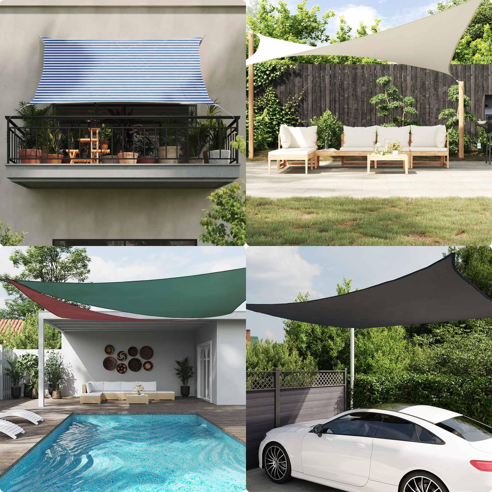 6x5m Rectangular Sun Shade Sail Polyester Blue White | Equipped with stainless steel D-rings and weather-resistant fabric, ideal for patios, gardens, and outdoor camping.