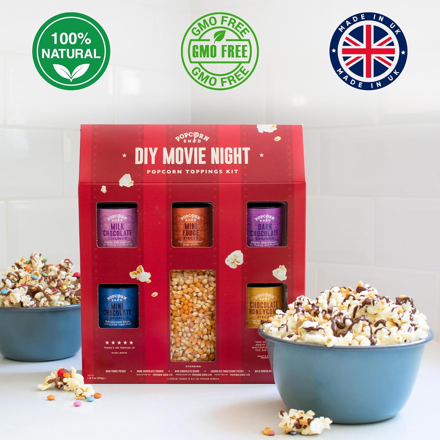 DIY Movie Night Popcorn Toppings Kit, Make Your Own Popcorn, Five Delicious Popcorn Toppings + 500g Popcorn Kernels, Fun for Kids, Adults and Date Night