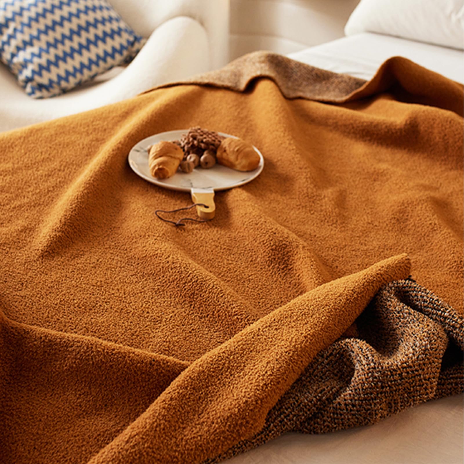 Überwurfdecke, wendbare, strukturierte Fleece-Decken für Couch und Bett, weiche, warme, dekorative gemütliche Sofadecke für alle Jahreszeiten, 127 x 178 cm, Burnt Orange