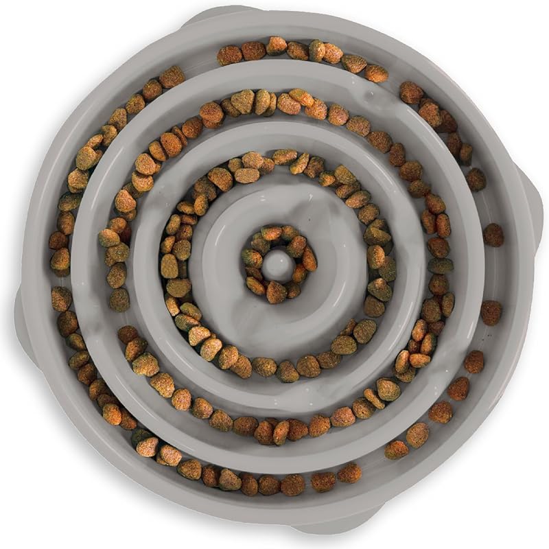 Comedouro lento para cães Outward Hound Fun Feeder Slo Bowl Grande, 4 xícaras, padrão Drop, cinza, Pacote com 6