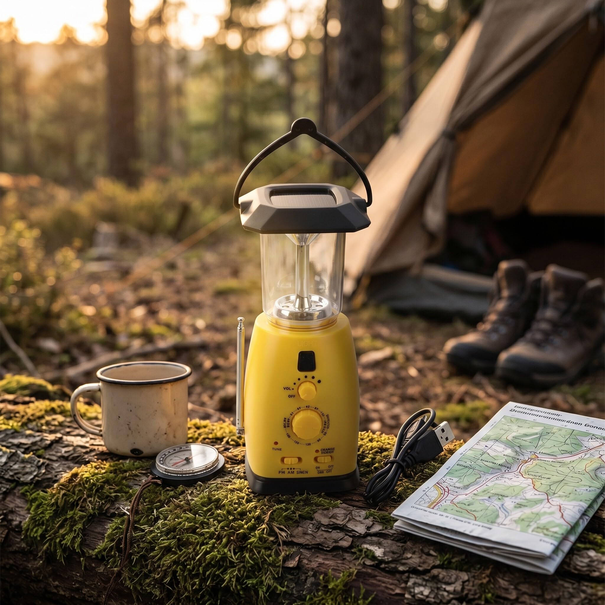 Radio de manivela solar multifuncional con linterna LED, cargador USB para teléfono y lámpara portátil para acampada, 2 niveles de brillo