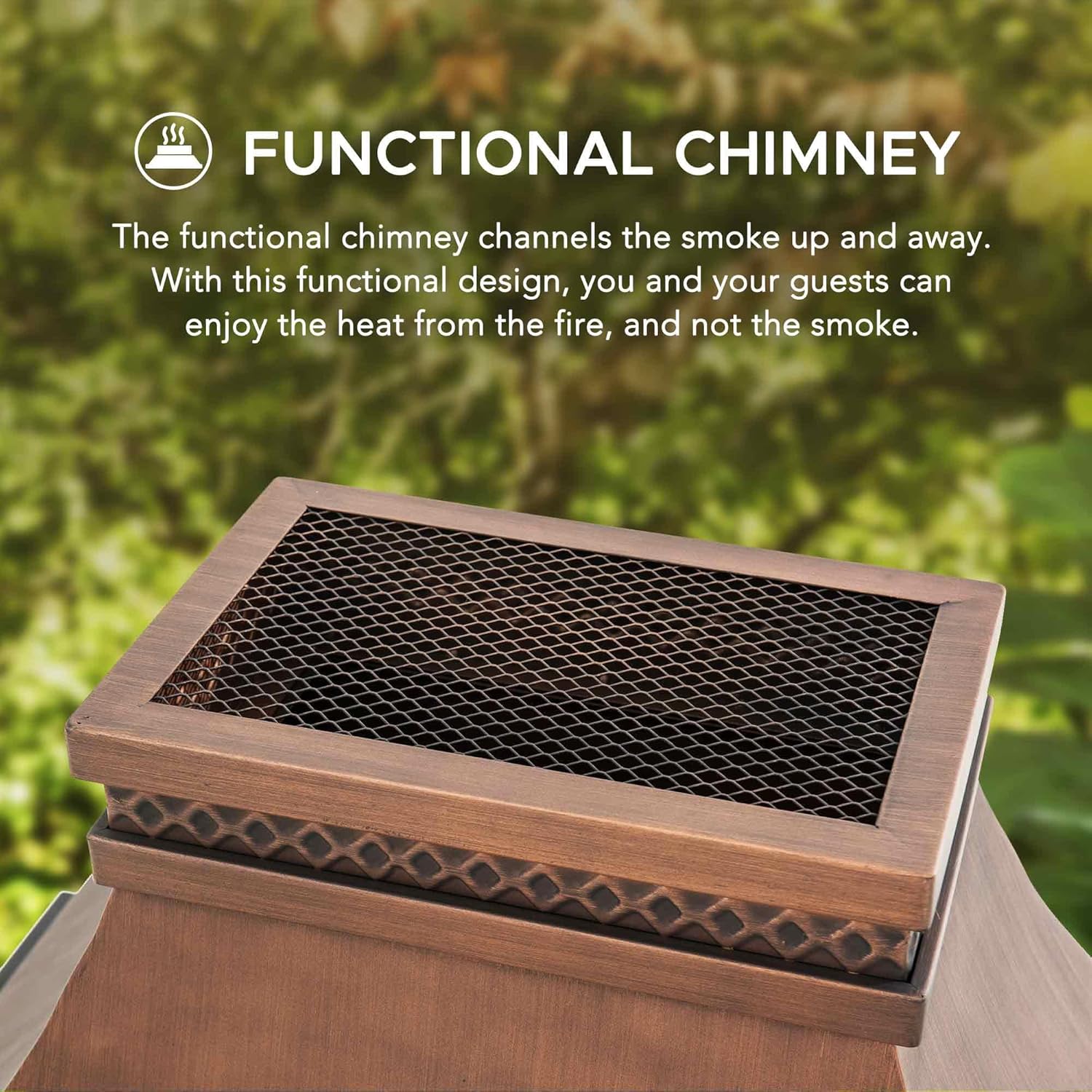 Sunjoy Outdoor Fireplace, Stone Look Tile Patio Wood Burning Steel Fireplace with Chimney, Spark Screen, Fire Poker, Rain Cover, and Removable Grate, Copper with Gray Tile