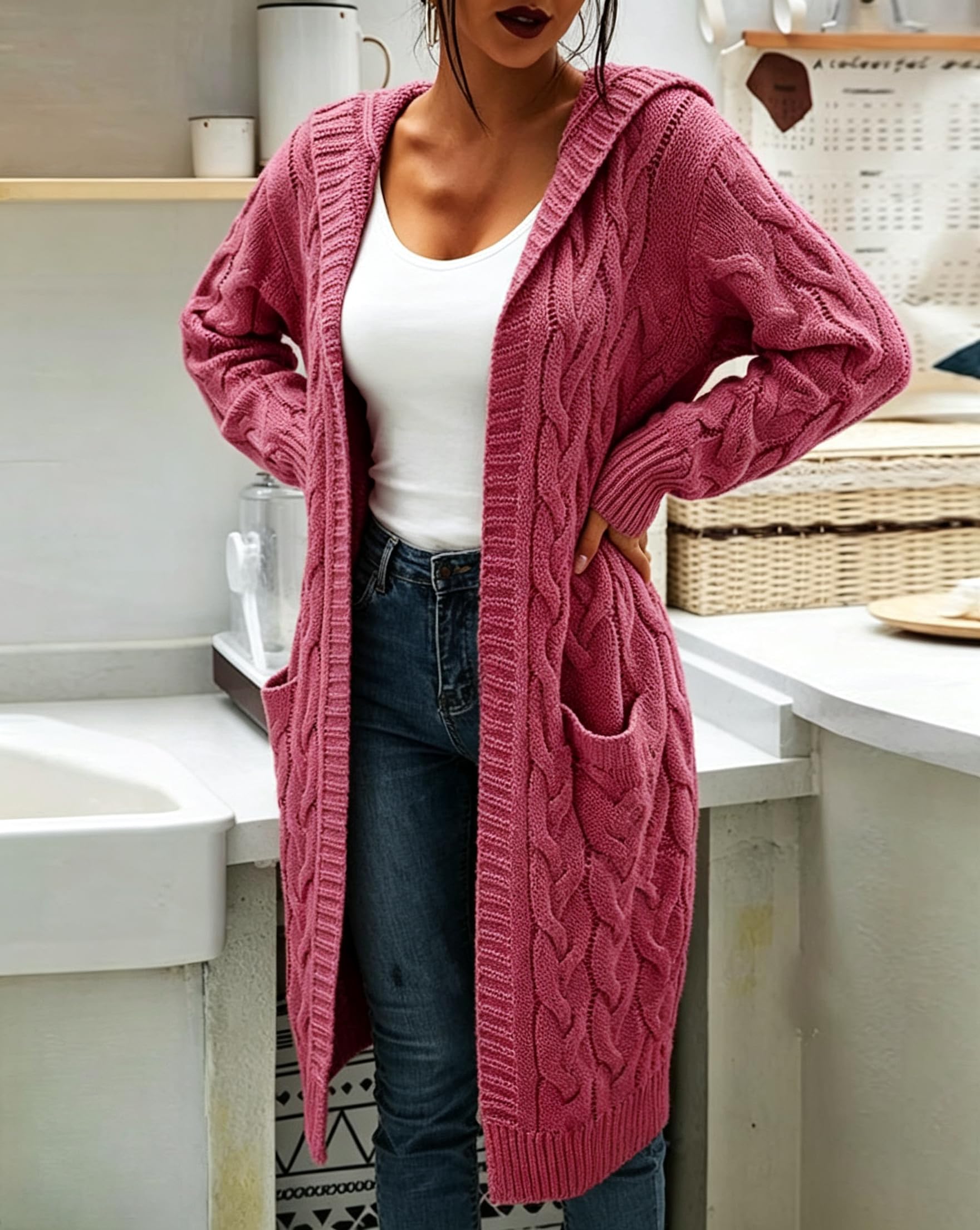 Gilet Long À Capuche pour Femme avec Poches en Grosse Maille Manches Longues Élégant Idéal pour L'Automne et l'hiver Veste De Transition Décontractée Au Quotidien Rose Poudré Taille 3XL