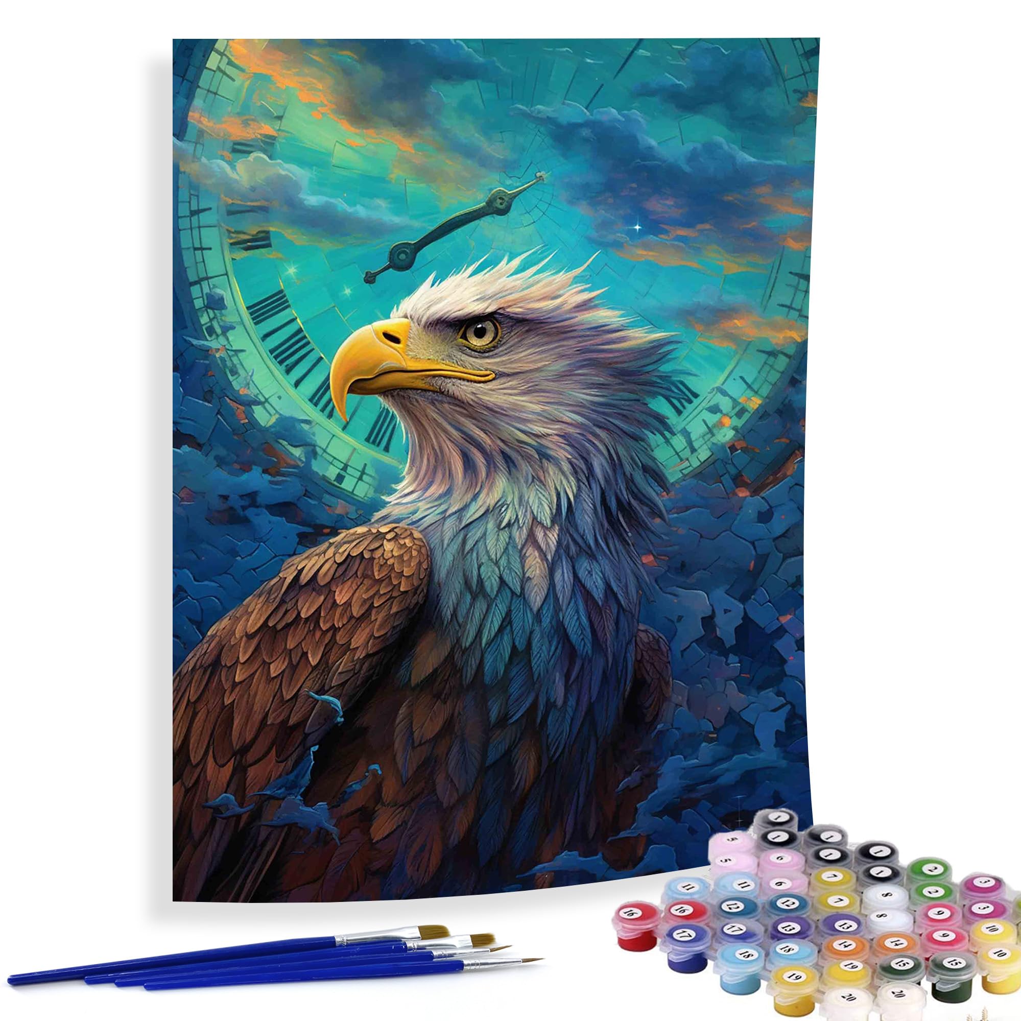 Diymood Paint by Numbers for Adults Eagle, DIY Oil Painting Clock Acrylic Paint by Number Kits for Kids Adults Beginner for Home Wall Decor 16x20 inch