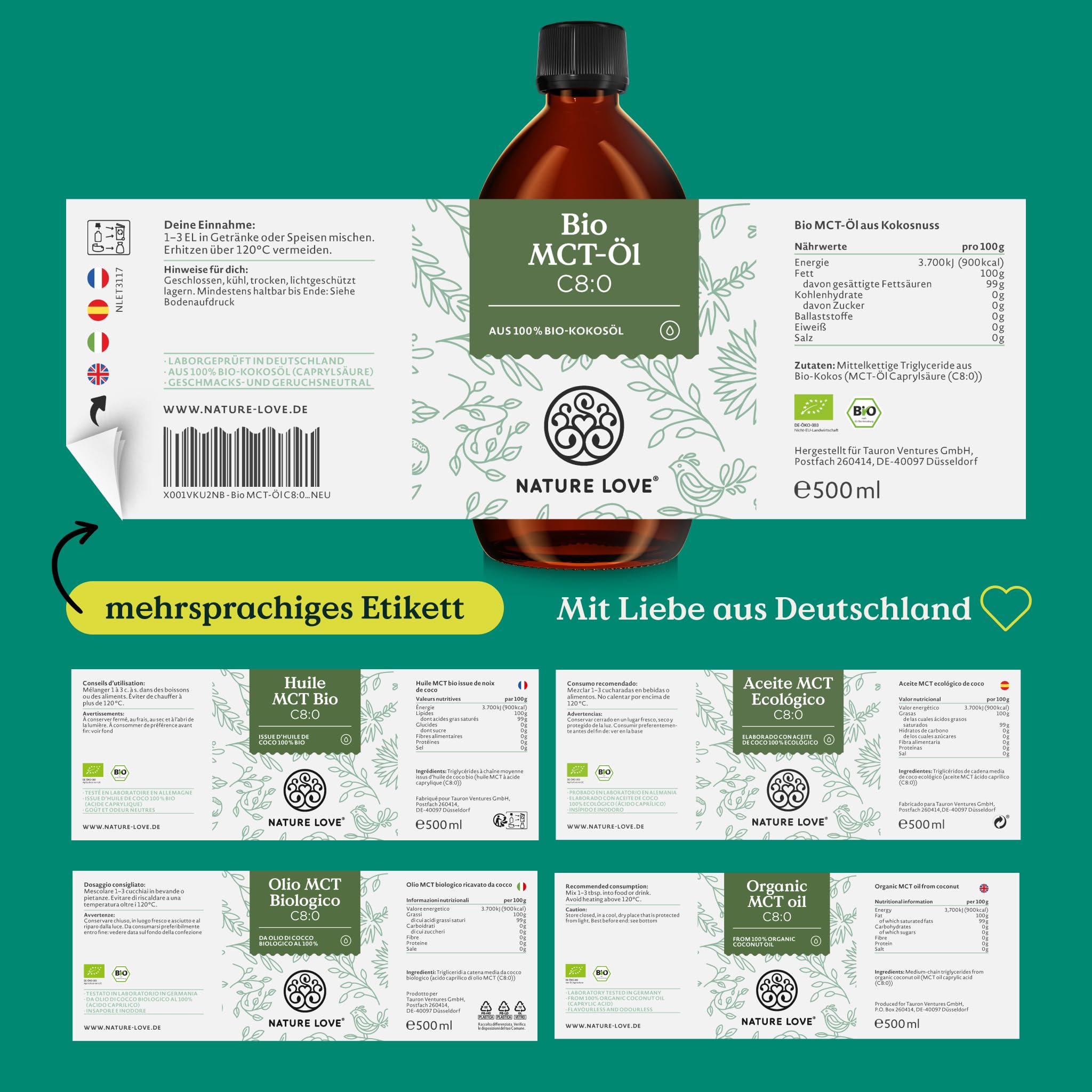 NATURE LOVE® Bio MCT-Öl C8 – 500ml für deine Keto Diät – aus 100% Bio-Kokosöl – für Ketogene Ernährung - geschmacks- und geruchsneutral – exogene Ketone – vegan - 5