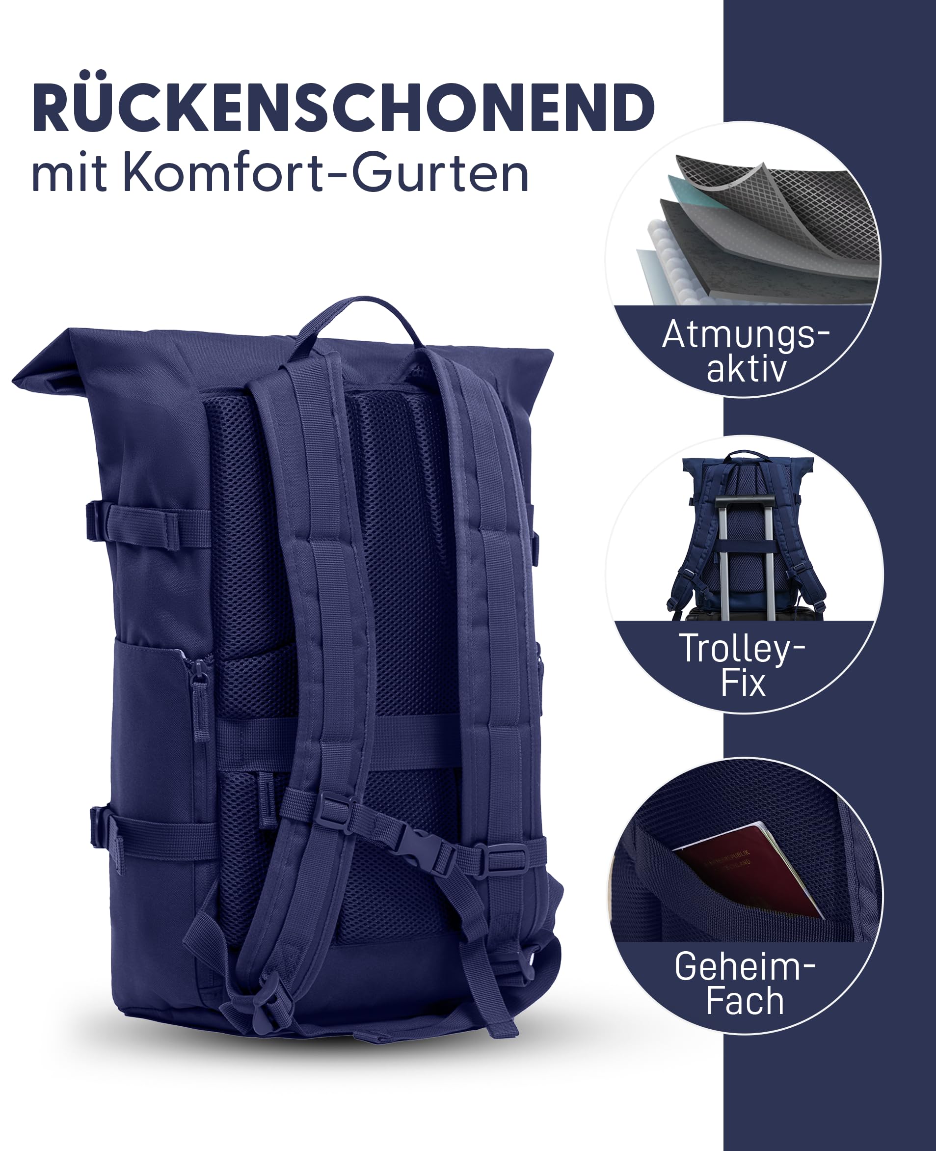 Plecak Kane Roll-Top Duża torba kurierska XL - Recycled PET, Wodoodporny - Plecak turystyczny Przegroda na laptopa 15 cali, Granatowy, L, Plecak