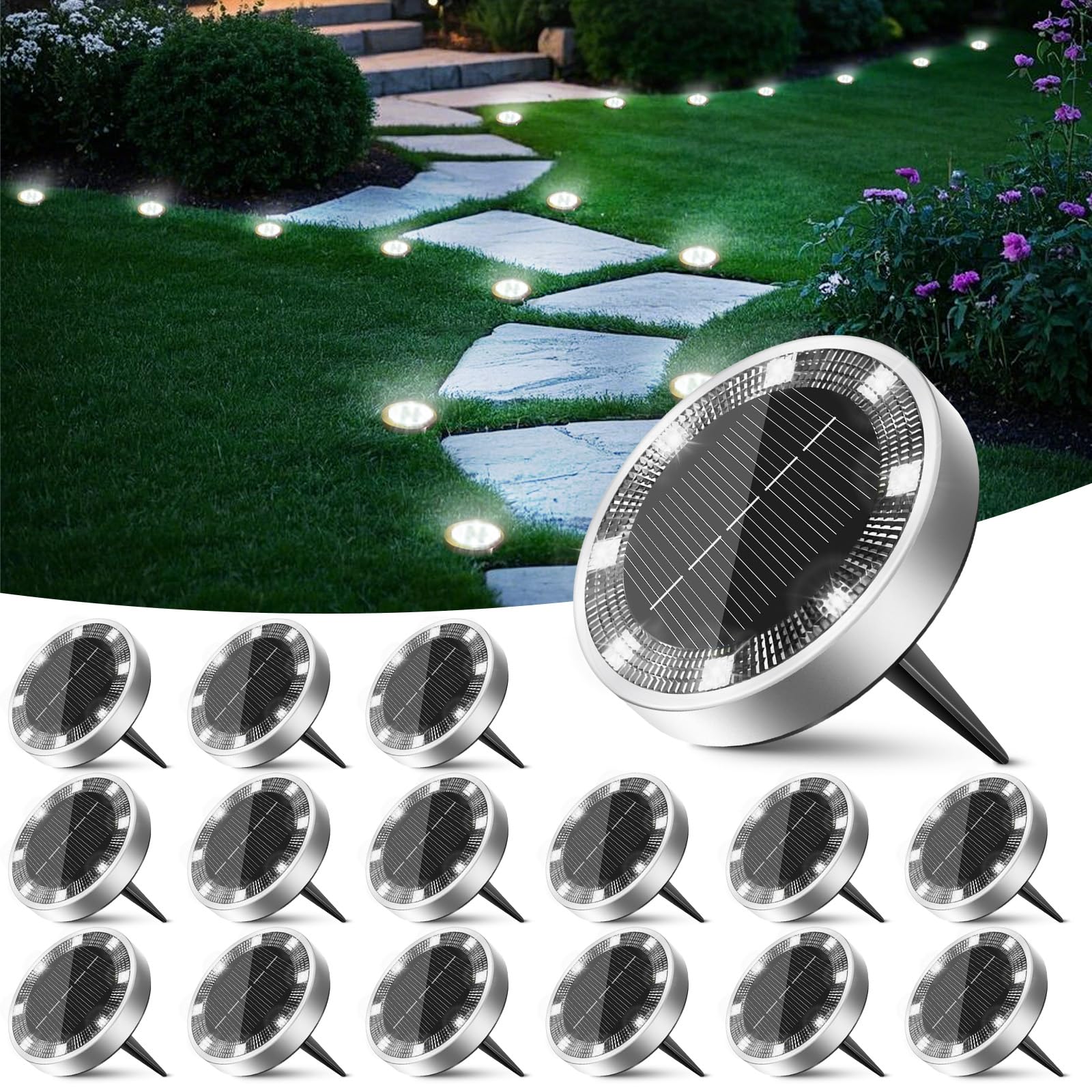 Peasur 12 Paquetes Luces Solares LED Exterior Jardin Suelo,8 LED Luz Solar Exterior Jardin, IP65 Impermeable Luces Solares para Patio, Camino, Césped, Blanco Frío — view 12