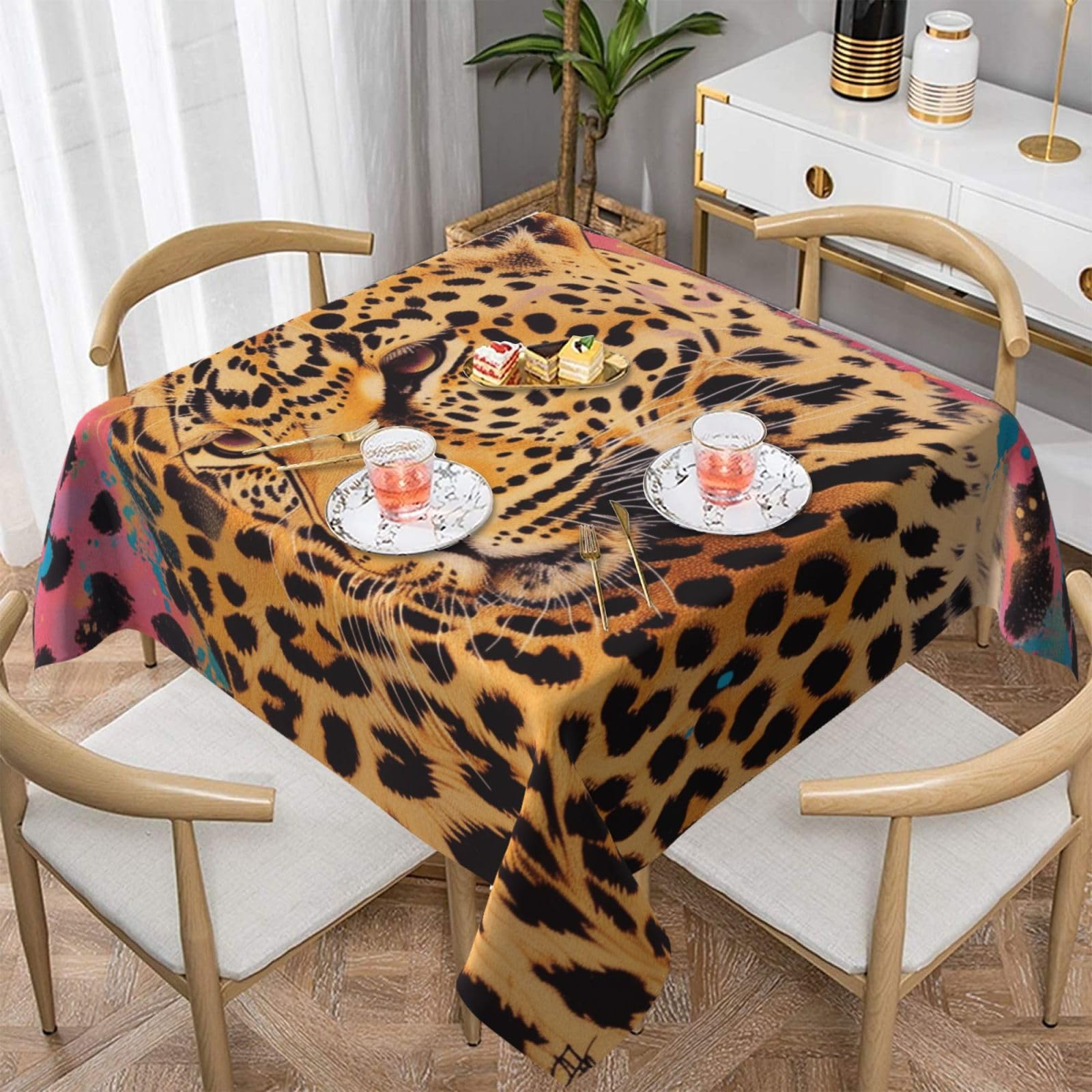WPKJU Fun Leopard Print Printed Square Tablecloth 54x54 inch Water Resistant Table Cover Washable Rectangle Table Cloth for Dining Tables