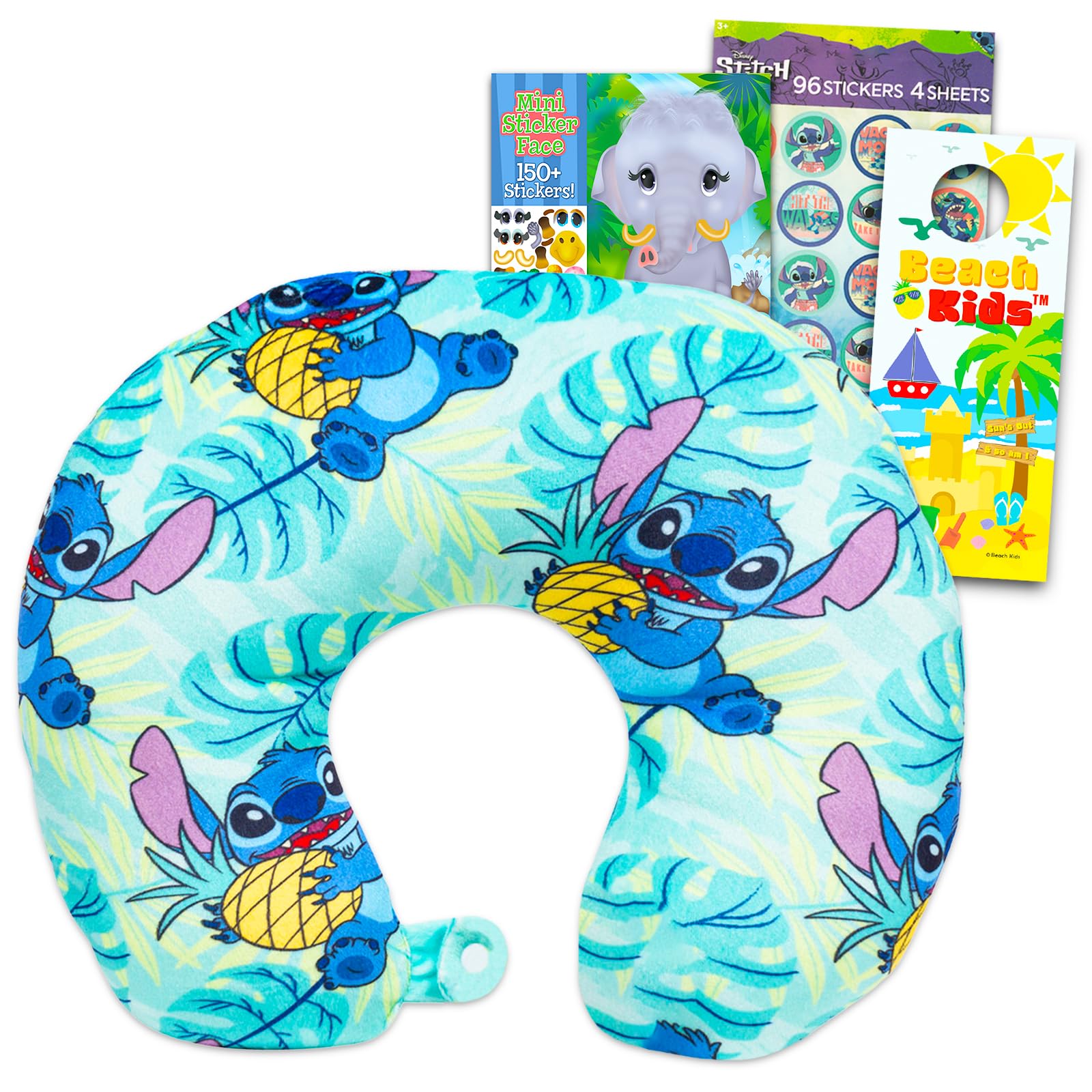 Lilo and Stitch Travel Neck Pillow - Bundle with Stitch Neck Pillow for Airplane, Car, Office, More Plus Stickers | Stitch Travel Accessories Set