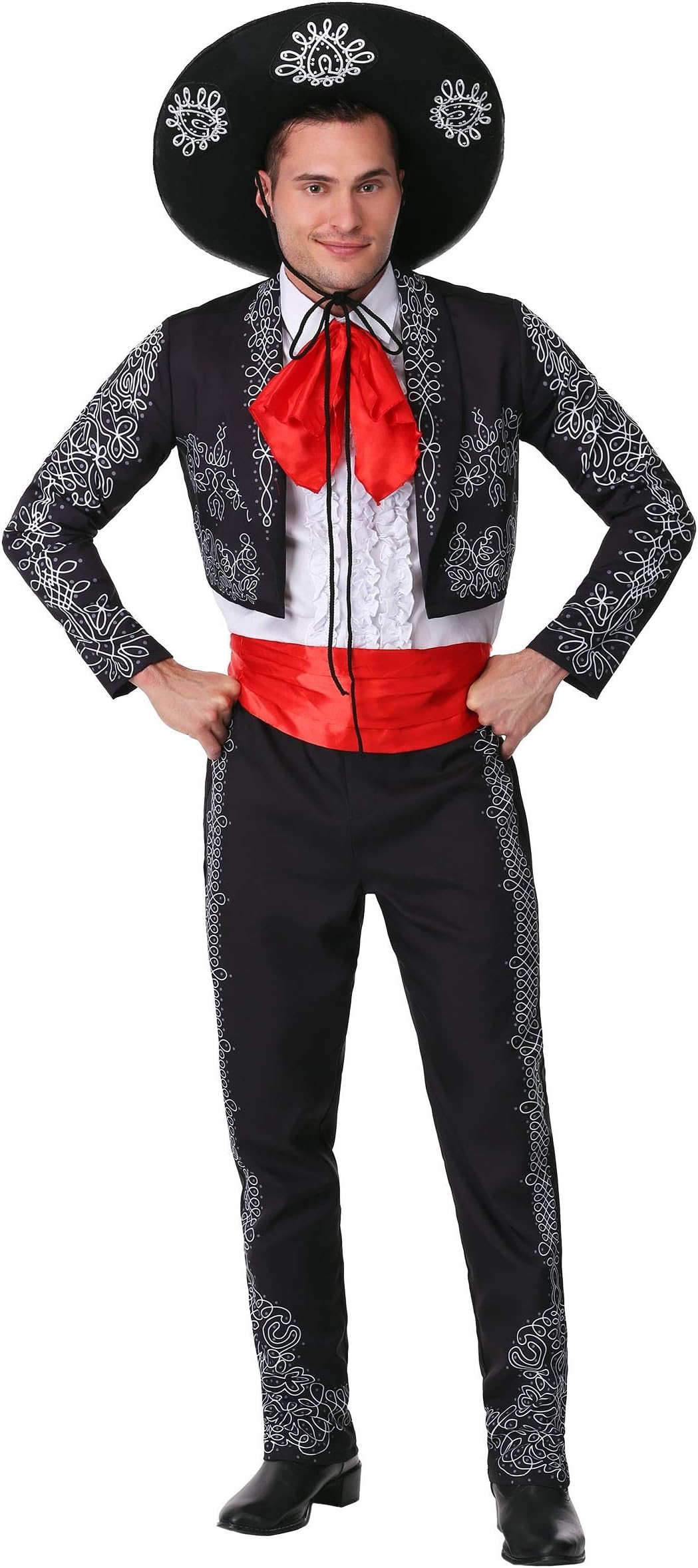 Adult Three Amigos Halloween Costume | Men's Black Mariachi Suit Costume with Jacket, Shirt, Pants, Tie, Cummerbund, Hat X-Large