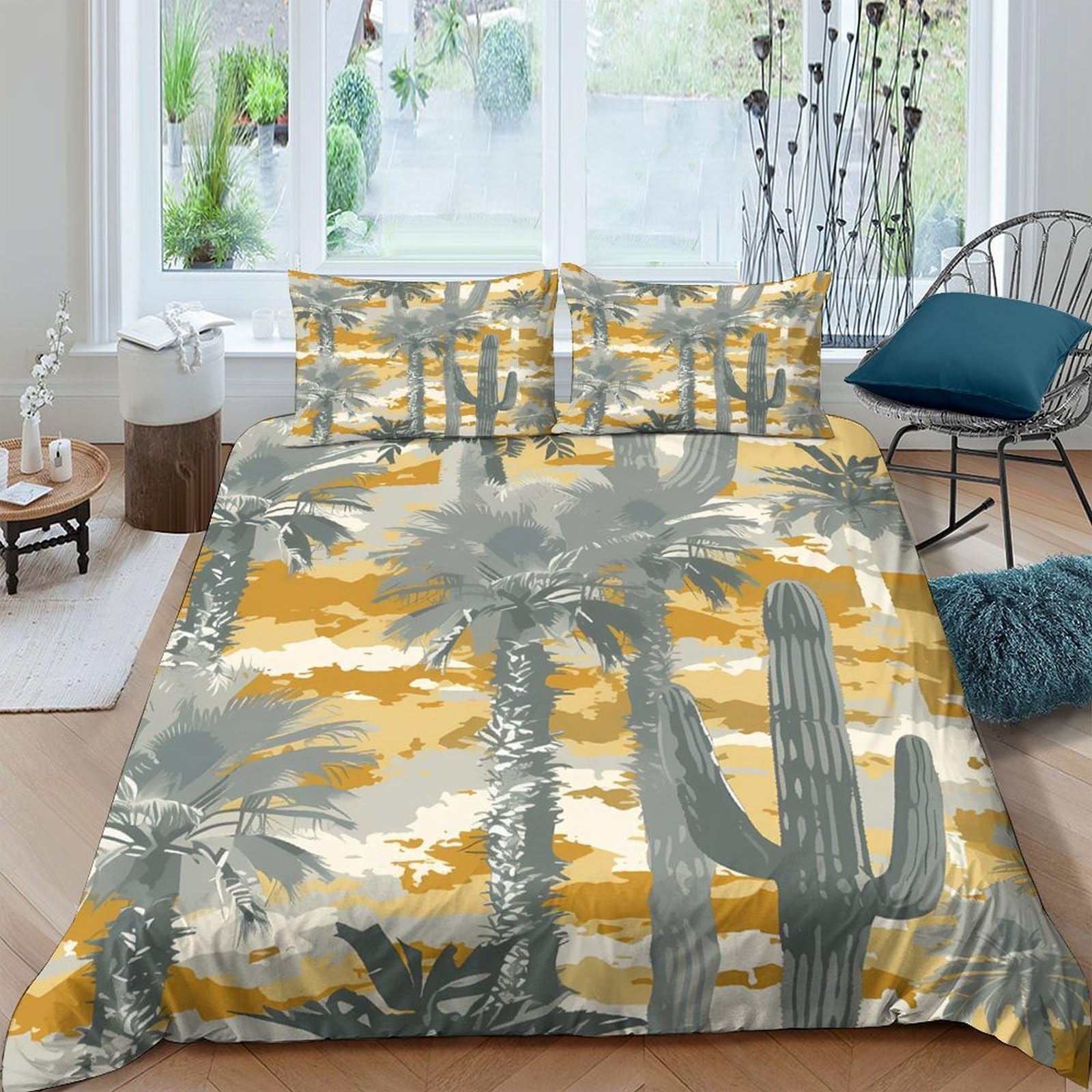 Ctjqhvkz Style-8 3D Printed Desert Cactus Fitted Sheet Microfiber Soft Yellow Palm Tree Mattress Cover Bedroom Dorm Decor Single（135X200cm）