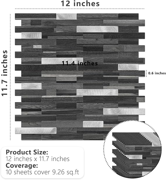 STICKGOO Peel and Stick Backsplash Tile, Stick on Backsplash for Kitchen and Bathroom, Black Grey Wood Look PVC Mixed Metal Silver Self Adhesive Wall Tiles(Sample)