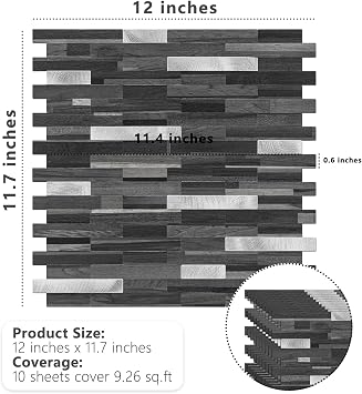 STICKGOO Peel and Stick Backsplash Tile, Stick on Backsplash for Kitchen and Bathroom, Black Grey Wood Look PVC Mixed Metal Silver Self Adhesive Wall Tiles(Sample)