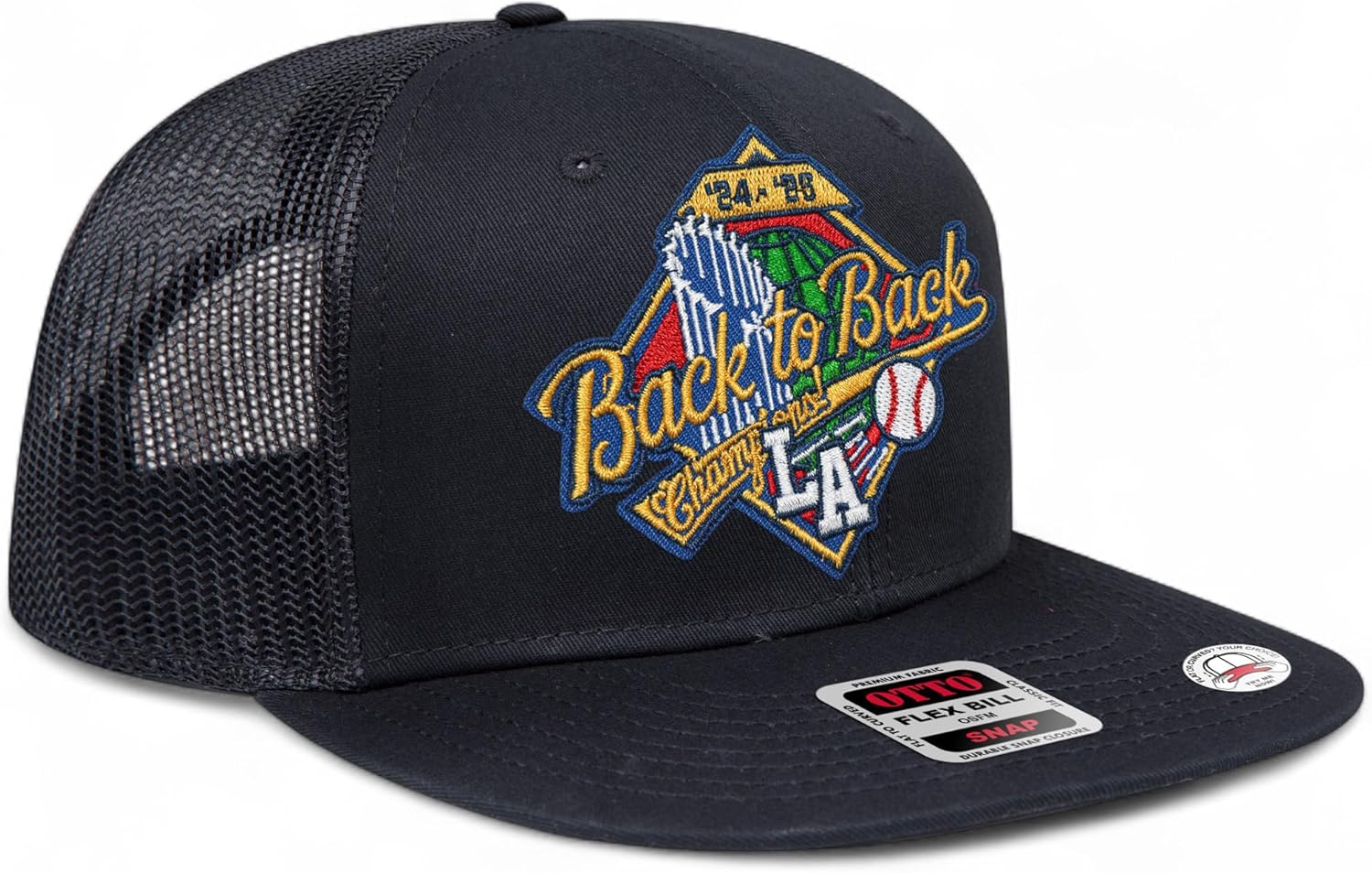 Baseball 2025 World & League Champions Patch Mesh Back 6-Panel Flat Bill Pro Hat | Los Angeles LA | Snapback for Men & Women