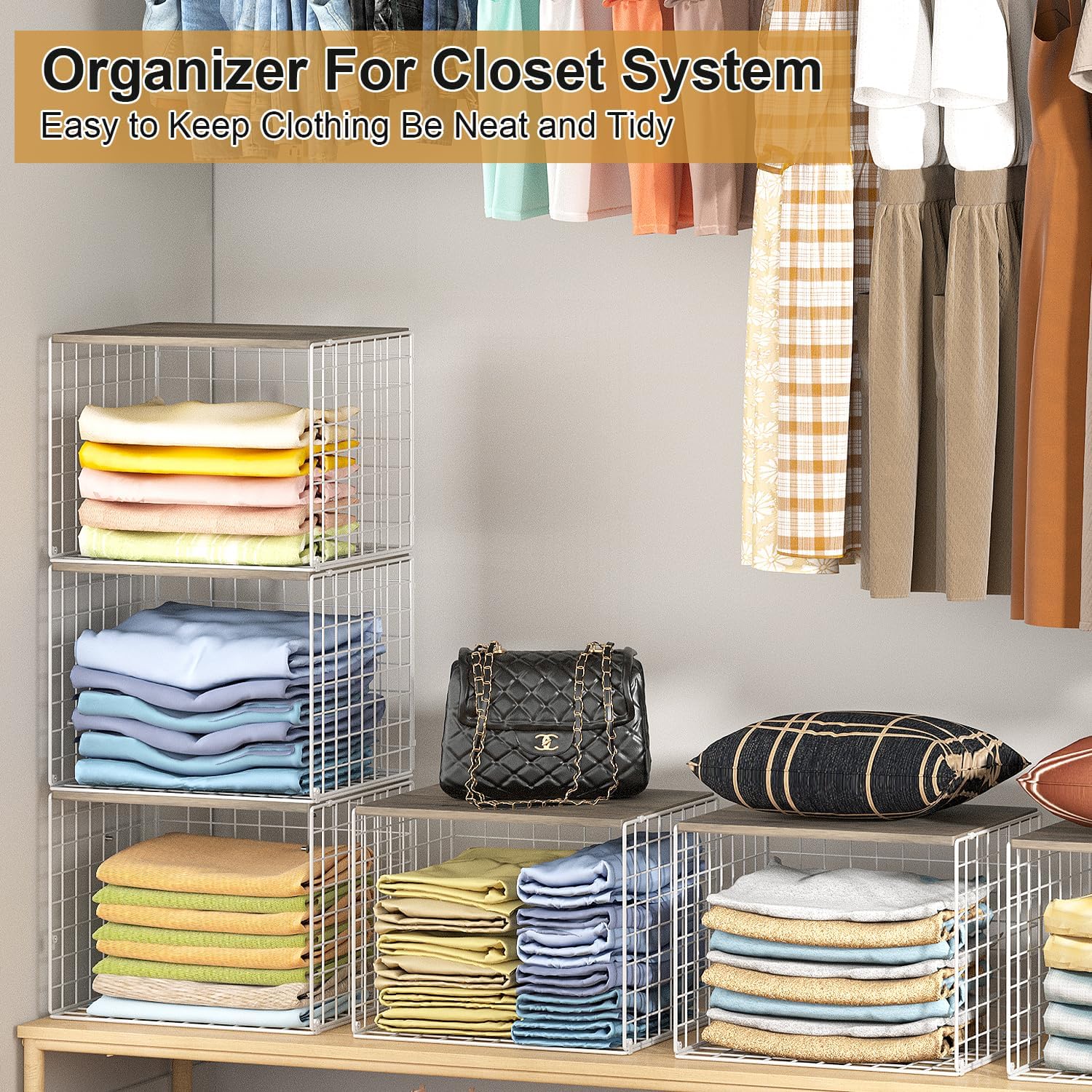 6 Pack Closet Organizers And Storage, Stackable Closet Shelf Organizer Storage Bin Basket For Clothes Sweaters With Top Board, Widened Opening, Heightened Height, Large Capacity, Sturdy, Space-saver
