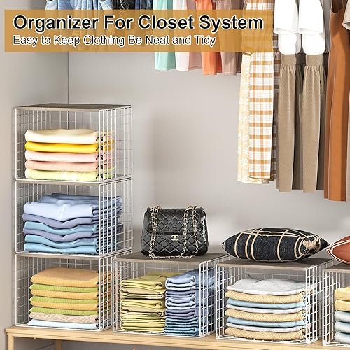 Miniatura 6 de Organizadores de armario y estante de almacenamiento, paquete de 3 cestas apilables de almacenamiento para ropa, suéteres con tablero superior,
